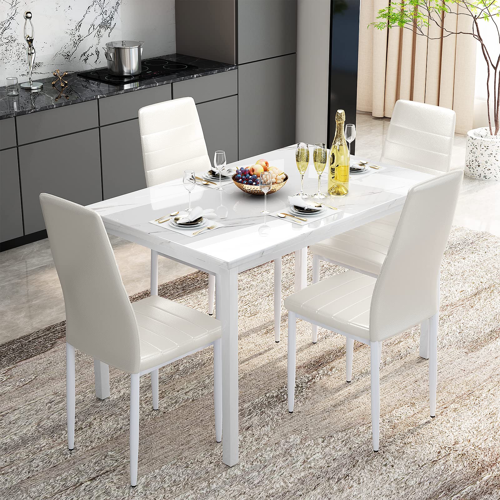 Modern 5-Piece Dining Table Set for 4 - White Faux Marble Kitchen Table with Upholstered Leather Chairs | Space-Saving Dining Room Furniture for Small Spaces, Breakfast Nook & Apartment Dinette | Perfect for Family Meals, Entertaining Guests & Cozy Dining