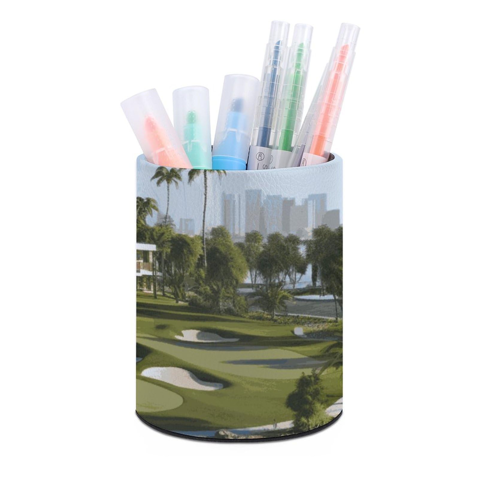 Premium PU Leather Golf & Yacht Club Style Pen Holder - Elegant Round Pencil Cup for Office Desk, Multifunctional Makeup Brush Organizer - Perfect Gift for Men & Women (Home, Office, Golf Club Decor)