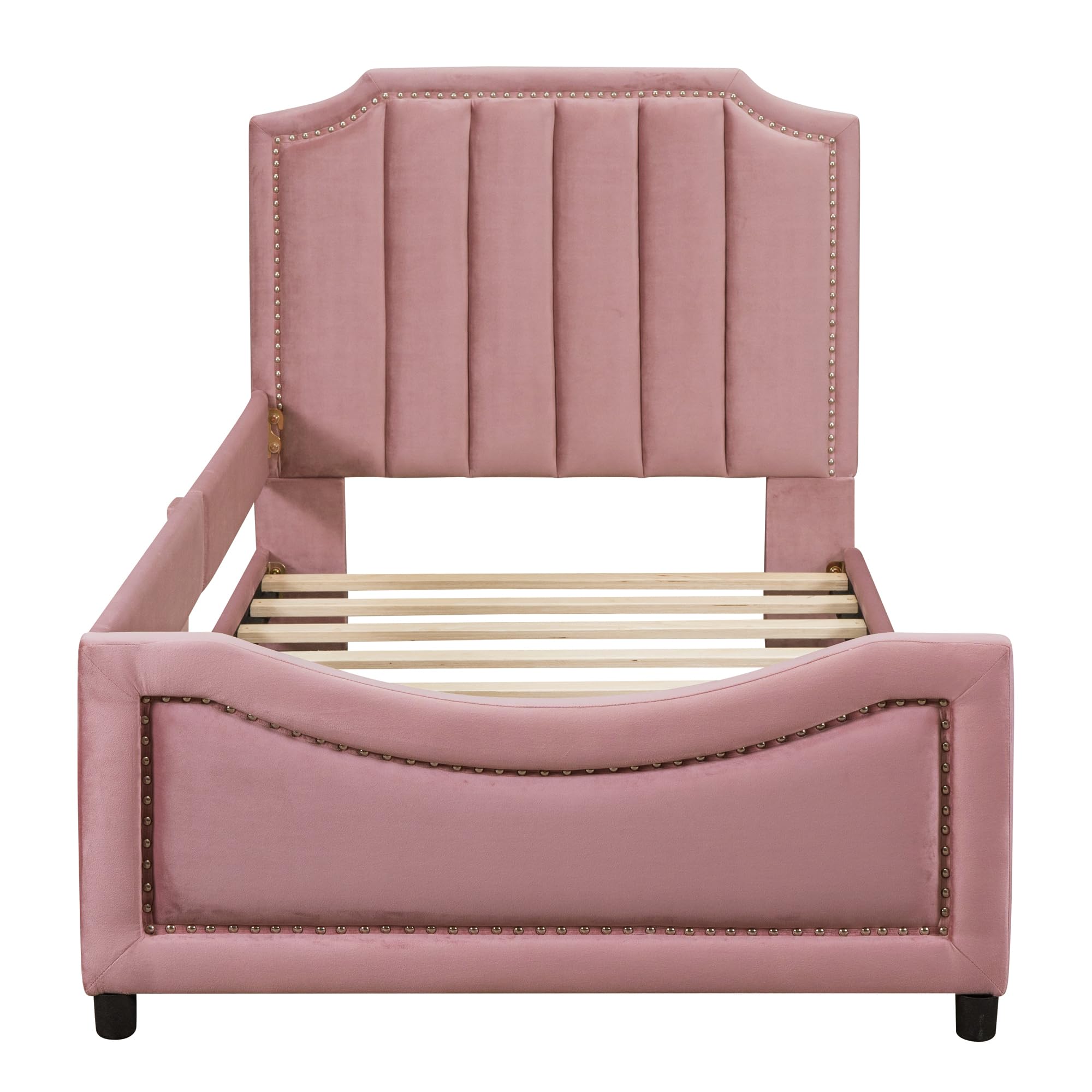 Harper & Bright Designs Upholstered Twin Daybed Frame for Kids - Velvet Twin Bed with Classic Striped Headboard, Sturdy Wood Frame for Boys & Girls - Pink (Perfect for Bedrooms, Playrooms & Guest Rooms)