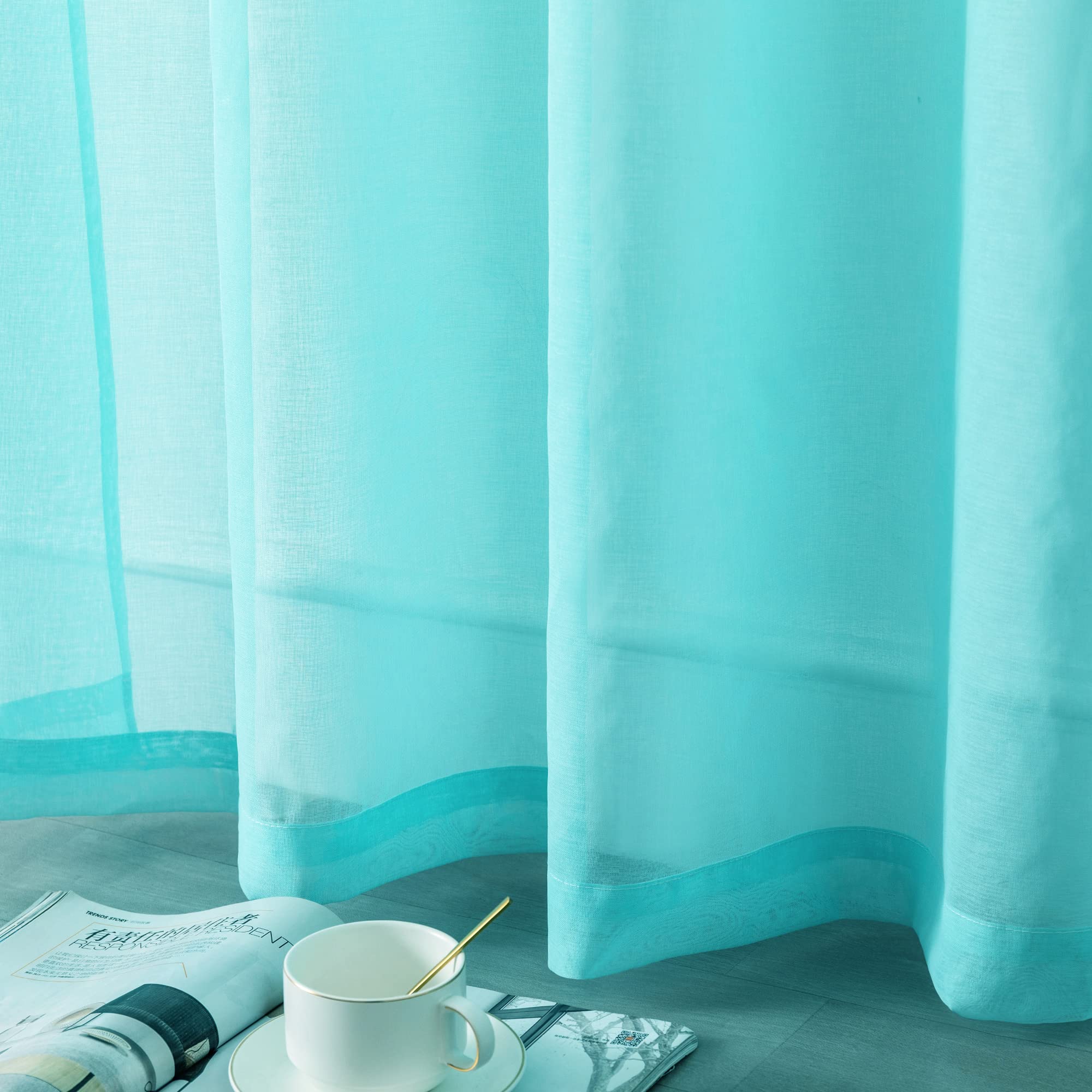 Dualife Aqua Sheer Curtains 54 Inch Length - 2 Panels Faux Linen Voile Drapes with Rod Pocket, Light Blue Semi-Transparent Window Treatments for Small Windows (52x54 Inches) - Perfect for Bathroom, Bedroom, Basement & Kitchen Decor