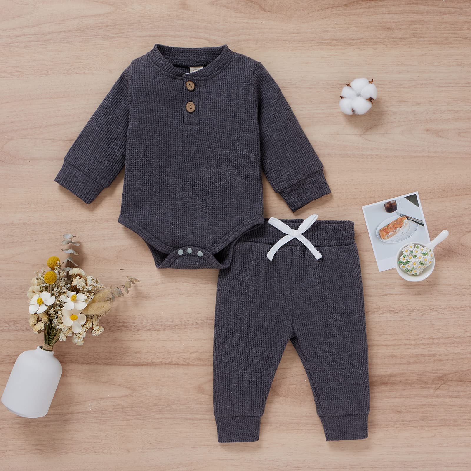 Fall Winter Newborn Baby Clothes Set - Unisex Infant Waffle Knit Outfit with Long Sleeve Top & Pants - Soft & Warm for Boys & Girls - Perfect for Family Outings & Photo Shoots