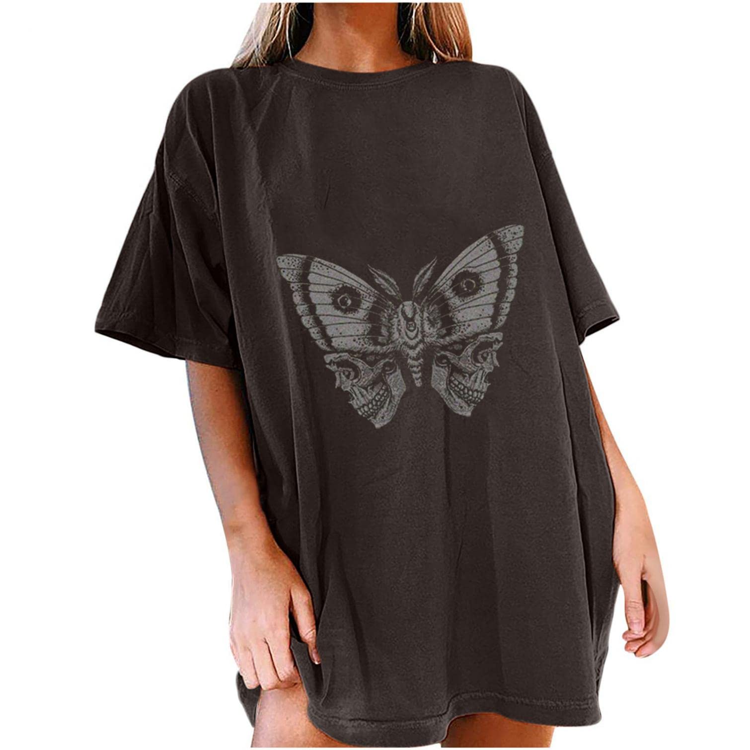 Vintage Butterfly Graphic Tee - Dark Gray Women's Short Sleeve Crewneck T-Shirt | Soft Cotton Casual Top for Summer, Workout & Everyday Wear