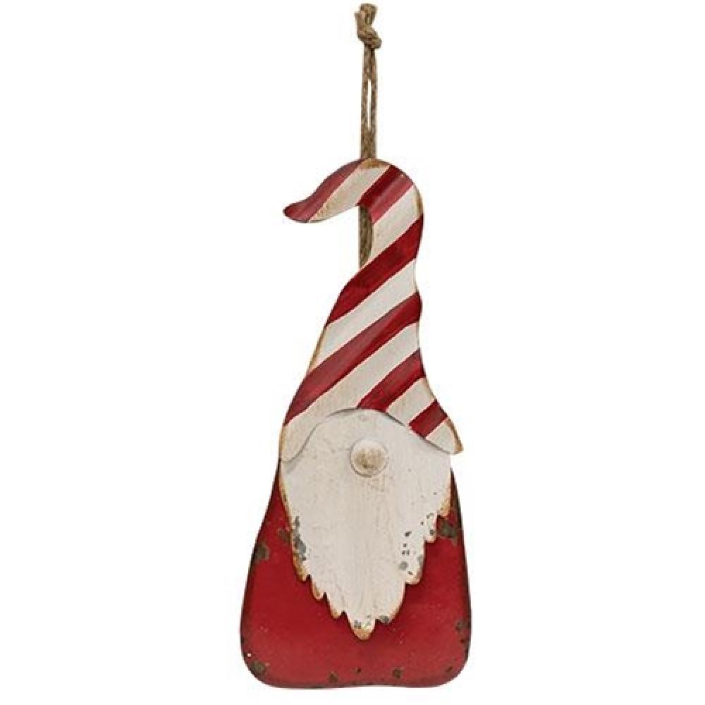 Vintage Distressed Metal Hanging Peppermint Hat Santa Gnome Ornament - Rustic Christmas Decor for Tree, Mantel & Holiday Home Decorating
