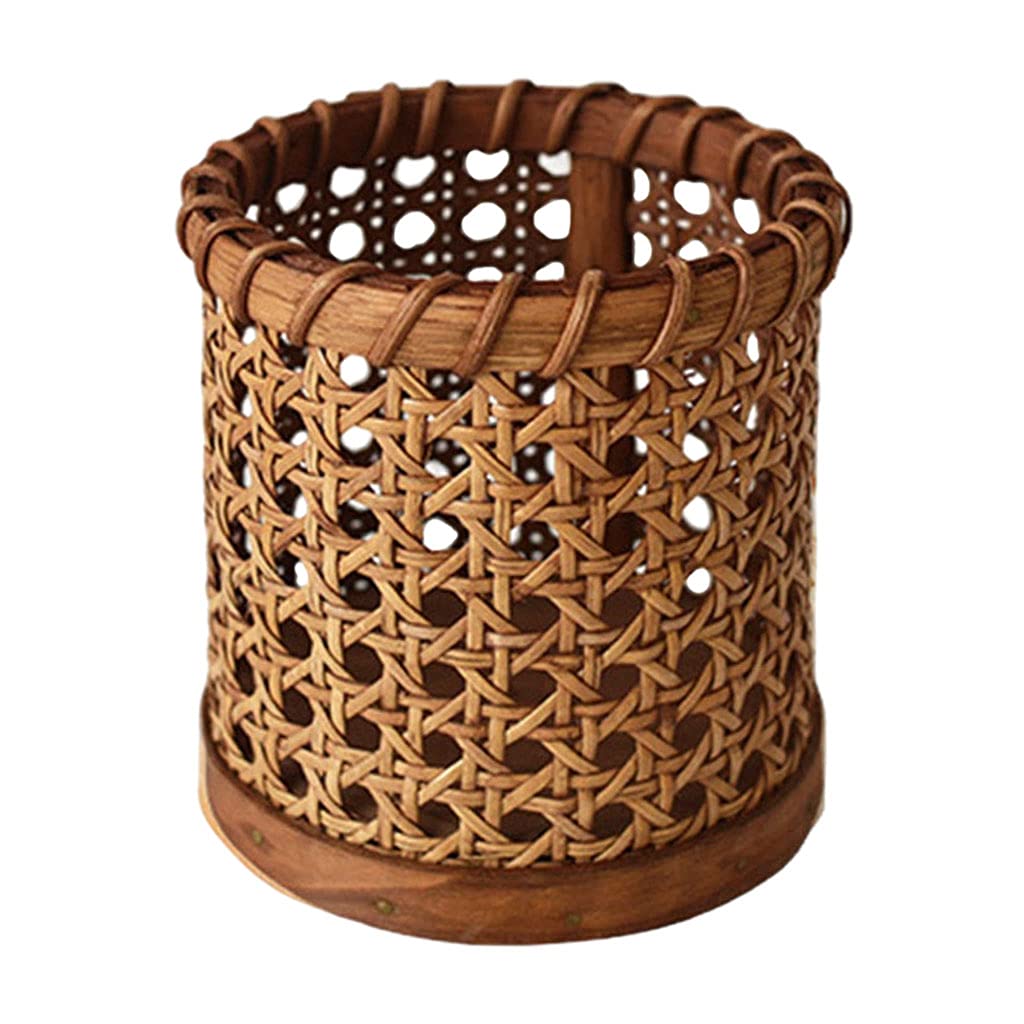 Fenteer Handmade Wicker Pencil Pen Holder - Natural Rattan Makeup Brush Organizer, Desk Cup & Silverware Caddy, Toothbrush Cup for Small Items (Retro Color) - Perfect for Office, Bathroom & Kitchen Organization