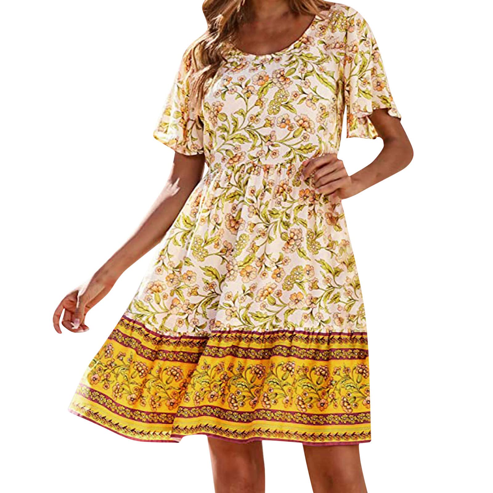 Women's Floral Print Mini Dress - Summer Short Sleeve Ruffle Dress with Elastic Waist, A-Line Swing Design for Beach, Party & Casual Wear