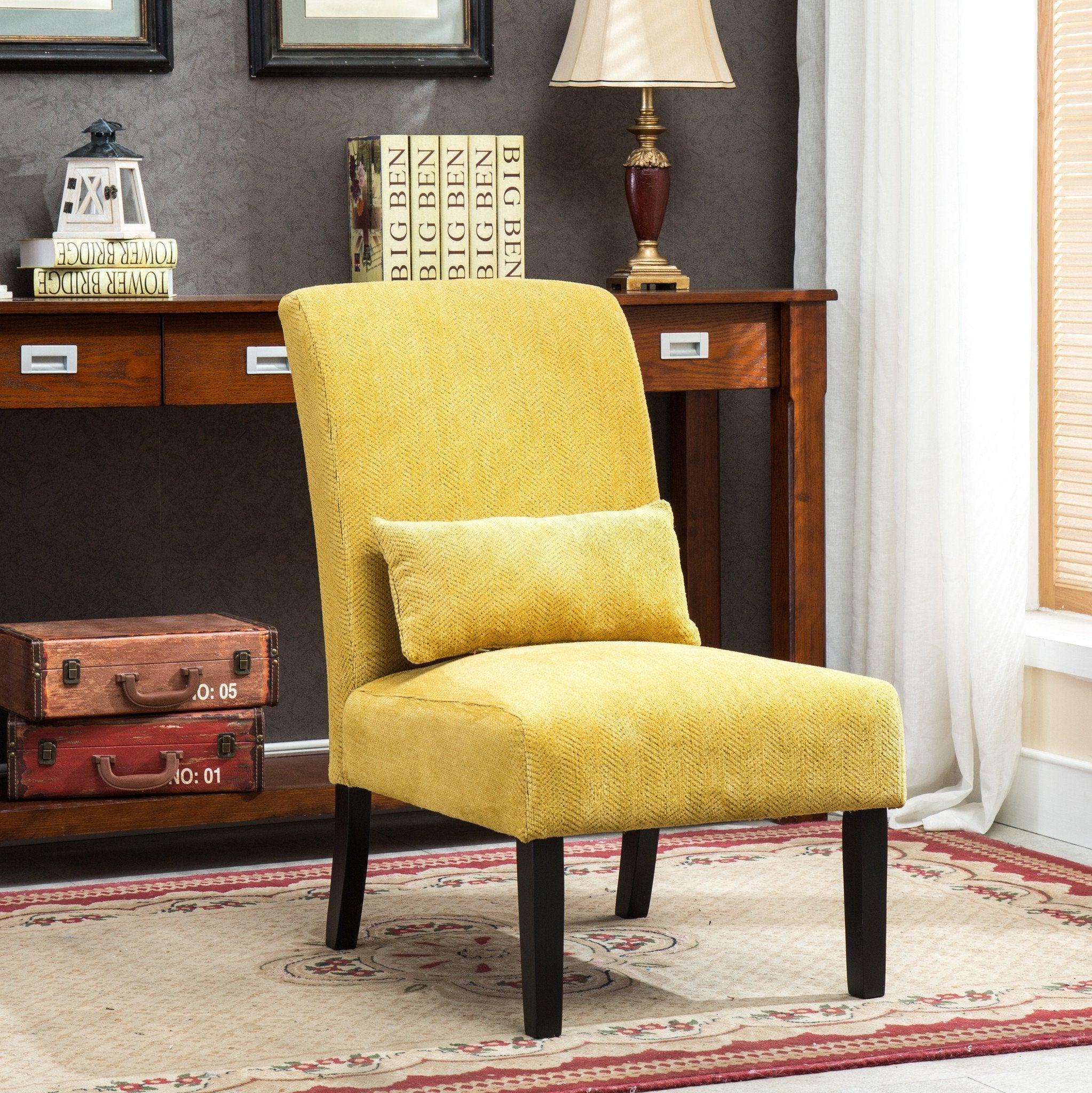 Roundhill Furniture Pisano Chenille Fabric Armless Contemporary Accent Chair with Matching Kidney Pillow - Modern Living Room Seating for Small Spaces, Home Office & Reading Nook