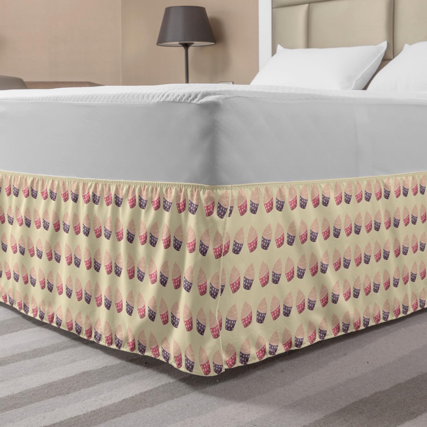 Ambesonne Retro Elastic Bed Skirt - Vintage Cupcake & Dots Pattern in Soft Pastel Colors, Wrap Around Dust Ruffle for Queen Size Beds | Perfect for Bedroom Decor, Guest Rooms & Vintage-Themed Home Styling