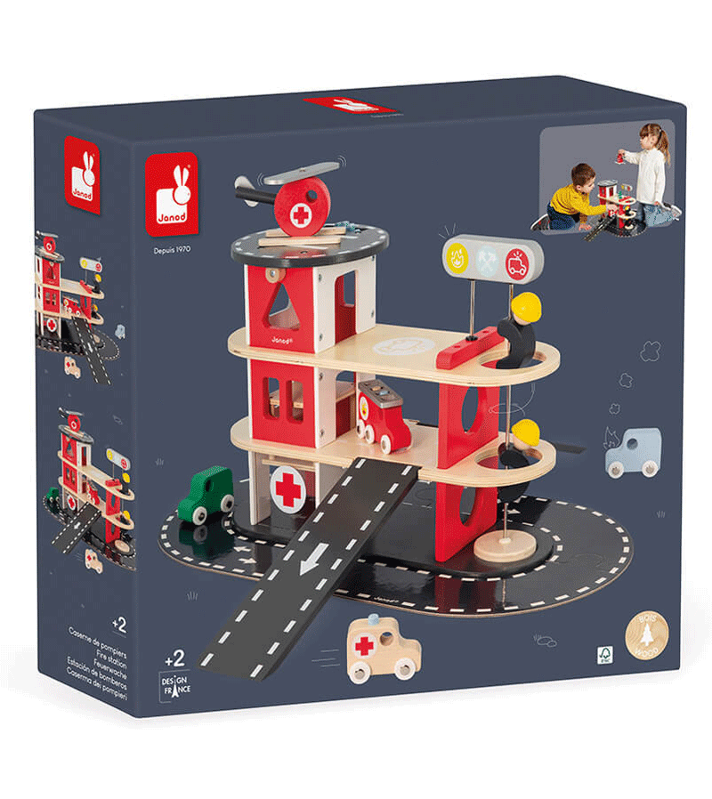 Janod Bolid Fire Station Toy - Wooden Fire Truck Playset for Kids, Pretend Play & Imaginative Learning - Perfect for Preschoolers & Toddlers (Indoor Play, Birthday Gifts, Daycare Activities)