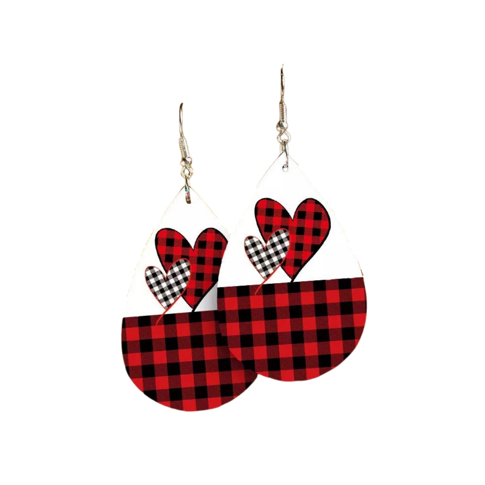 Valentine's Day Heart Shaped Leather Dangle Earrings for Women - Red & Black Buffalo Plaid Checkered Pattern with Leopard Print Drop | Perfect for Valentine's Gifts, Date Nights, and Holiday Parties