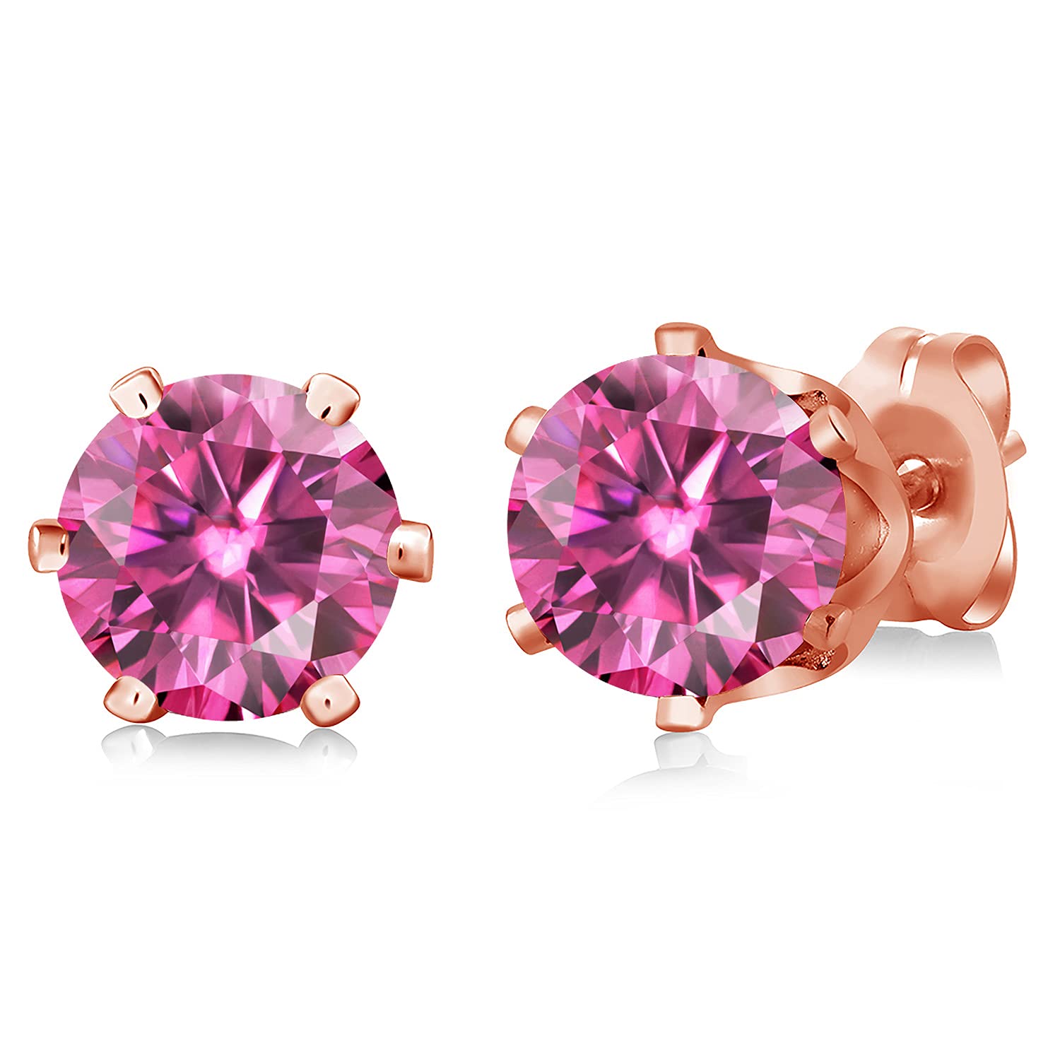 Gem Stone King Rose Gold Plated Brass Stud Earrings for Women & Men - 1.60cttw Pink Round Moissanite Earrings | Hypoallergenic Jewelry for Everyday Wear, Gift Giving & Special Occasions