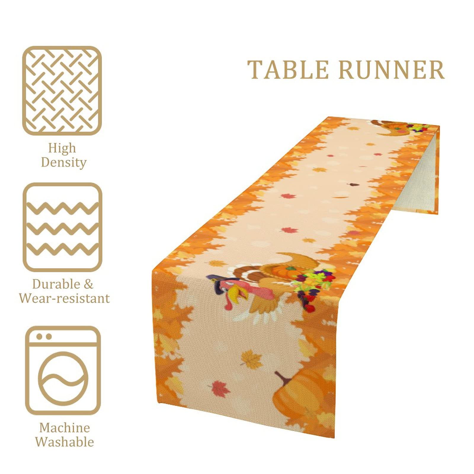 Thanksgiving Table Runner - Turkey with Pumpkins & Maple Leaves Fall Decor, 13x72 Inch Farmhouse Tablecloth for Holiday Dining, Kitchen, Coffee Table | Perfect for Thanksgiving Dinner, Christmas Decorations, and Autumn Home Parties