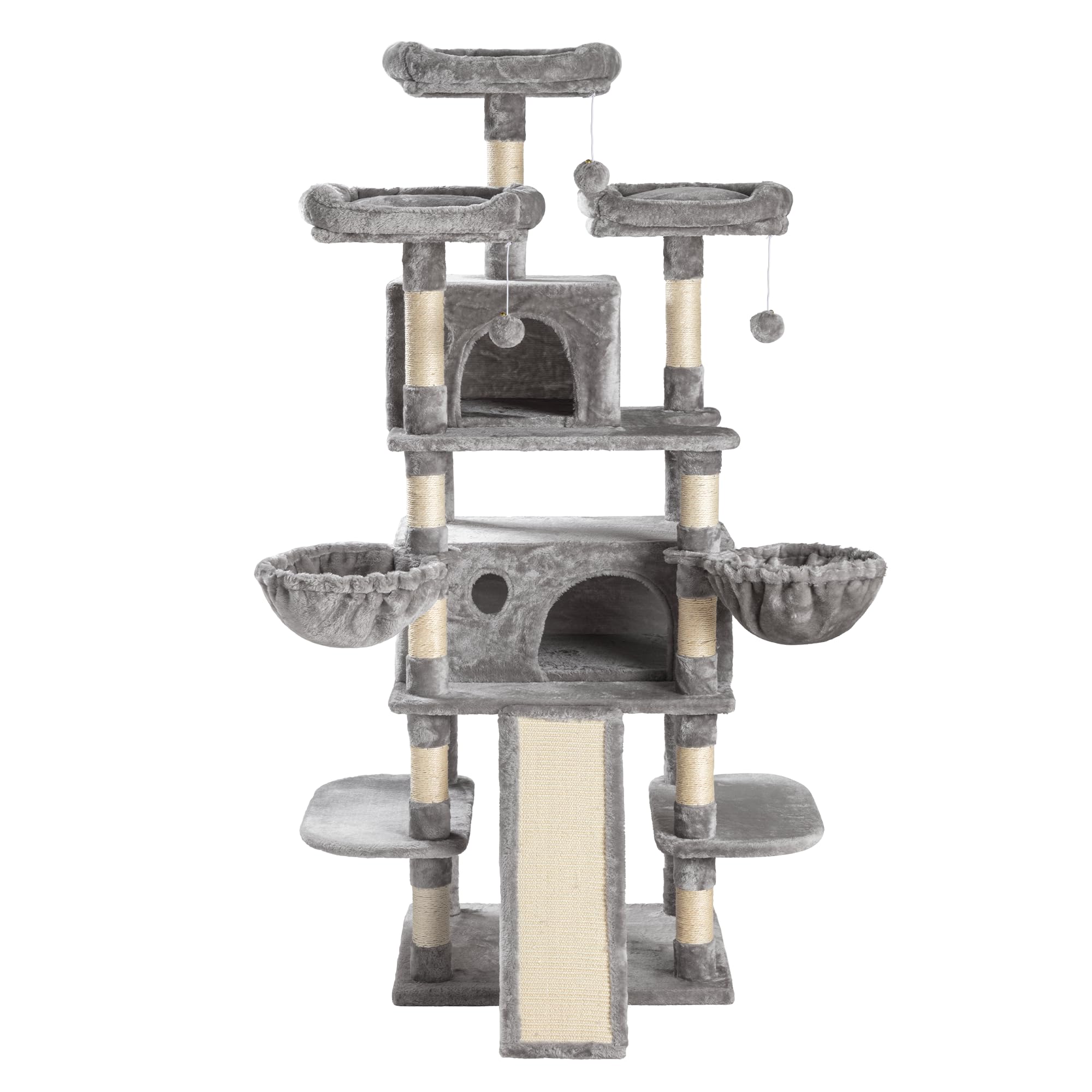 SHA CERLIN 68 Inches Multi-Level Large Cat Tree for Big Cats - Sturdy Cat Tower with Condo, Plush Perches, Sisal Scratching Posts & Hammocks - Grey - Perfect for Indoor Play, Climbing & Scratching Needs