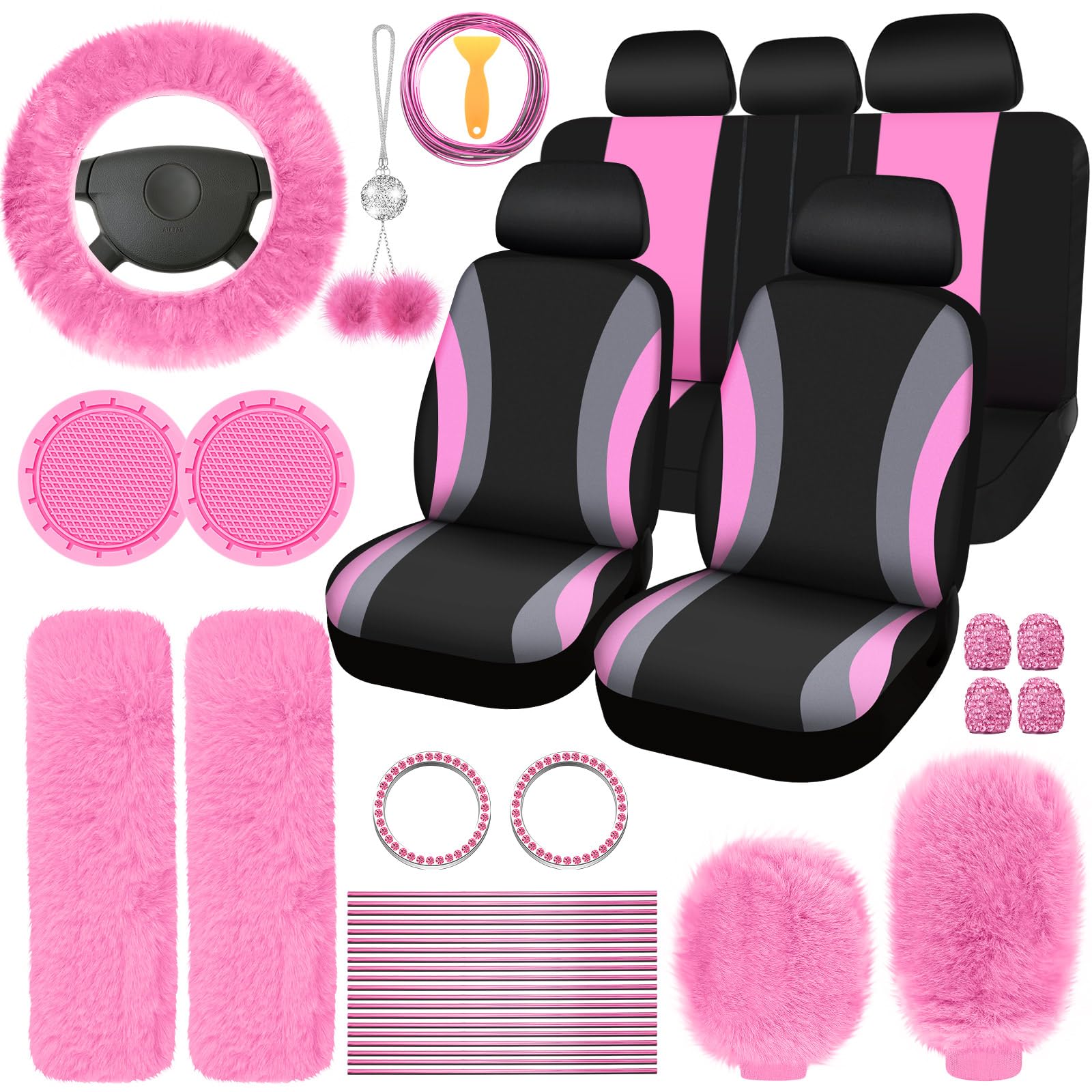 ROCEEI 43-Piece Fuzzy Car Seat Cover Set - Soft Front & Rear Seat Covers, Fluffy Steering Wheel Cover, Belt & Handbrake Protectors (Pink, Gray, Black) | Cozy Winter Car Accessories for Women, Perfect Christmas Gift & Cold Weather Comfort Upgrade
