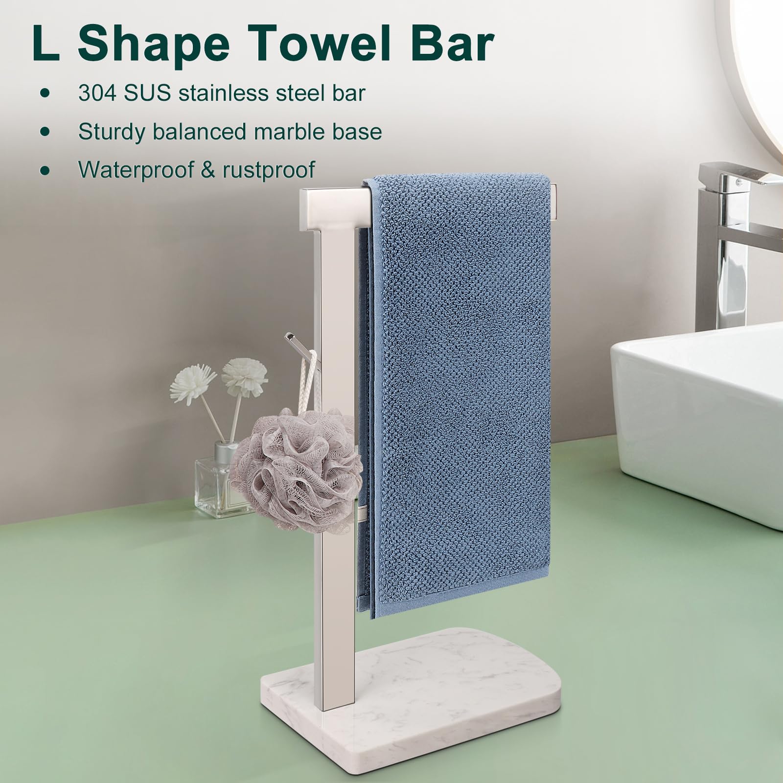 **Premium L-Shaped Hand Towel Holder with Marble Base - 304 Stainless Steel Standing Towel Rack for Bathroom, Vanity & Kitchen Countertop - Chrome Finish for Modern & Luxury Home Decor**    *(Perfect for Bathrooms, Kitchens, Guest Rooms & Spa-Like Spaces - Adds Elegance & Functionality to Any Décor!)*