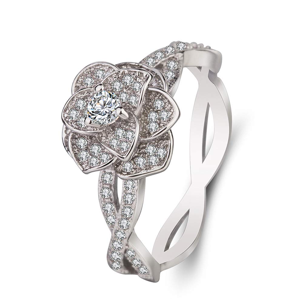 18K Platinum Plated Rose Gold 3D Rose Flower Ring for Women - Cubic Zirconia Diamond Engagement & Wedding Ring (Size 7, Silver) | Perfect for Anniversary Gifts, Valentine's Day & Bridal Jewelry