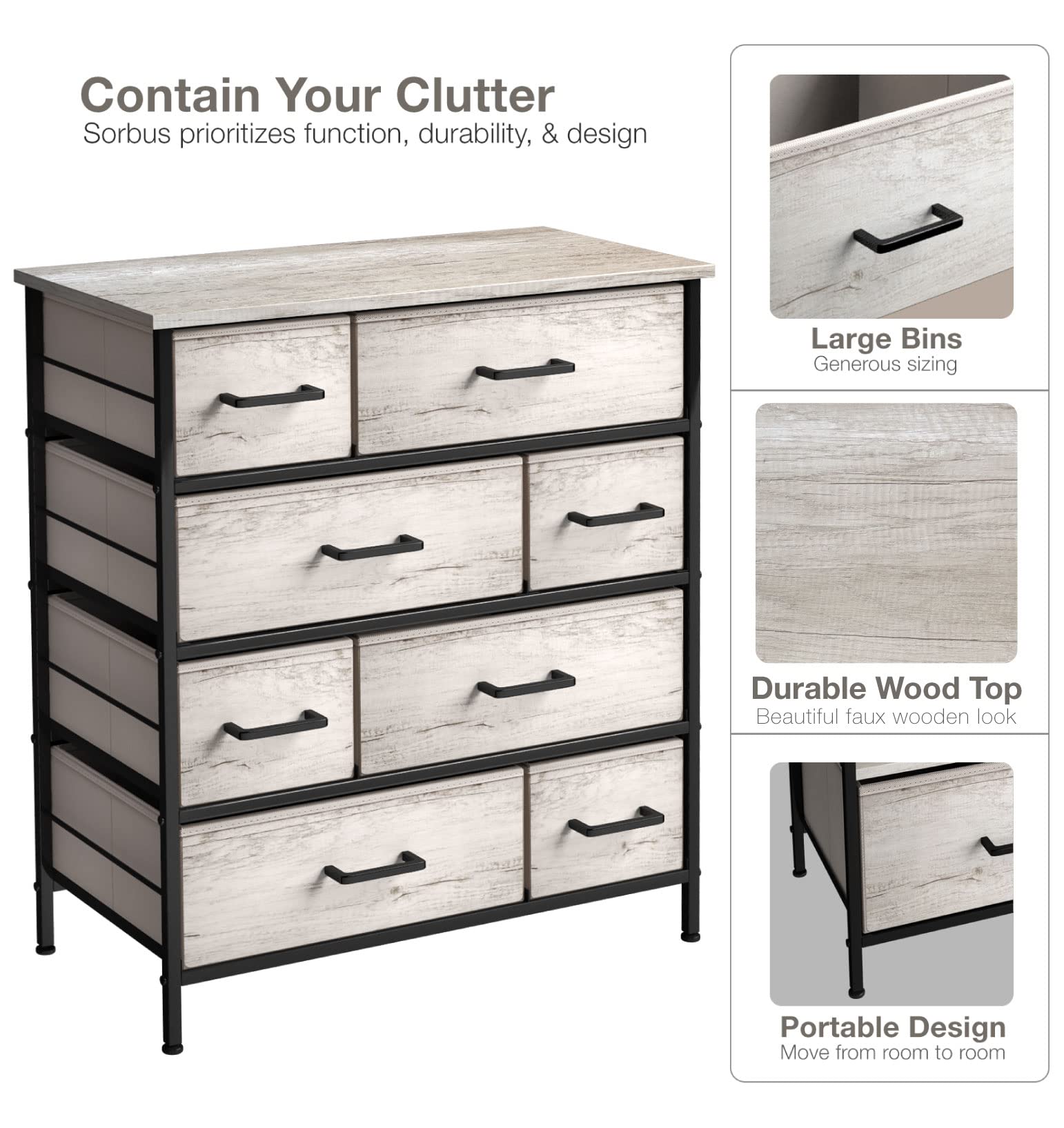 Sorbus 8-Drawer Fabric Dresser for Bedroom - Sturdy Steel Frame with Wood Top & Faux Wood Fabric - Tall Clothes Storage Chest - Portable Standing Wardrobe Organizer - Perfect for Small Spaces, Dorm Rooms & Apartment Closets