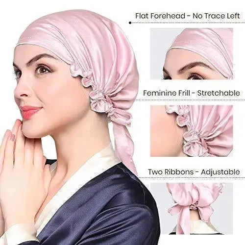 Luxury Silk Sleep Cap with Adjustable Ribbons for Women - Soft & Breathable Night Hair Cover for Sleeping, Travel & Spa