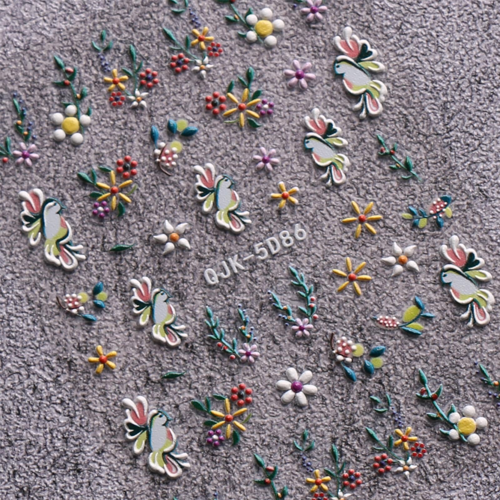 JMEOWIO 6 Sheets 3D Embossed Flower Nail Art Stickers - Self-Adhesive Nail Decals for Spring Floral Designs - 5D Nail Art Supplies for DIY Manicure & Nail Decoration - Perfect for Home Salon, Parties & Gifts