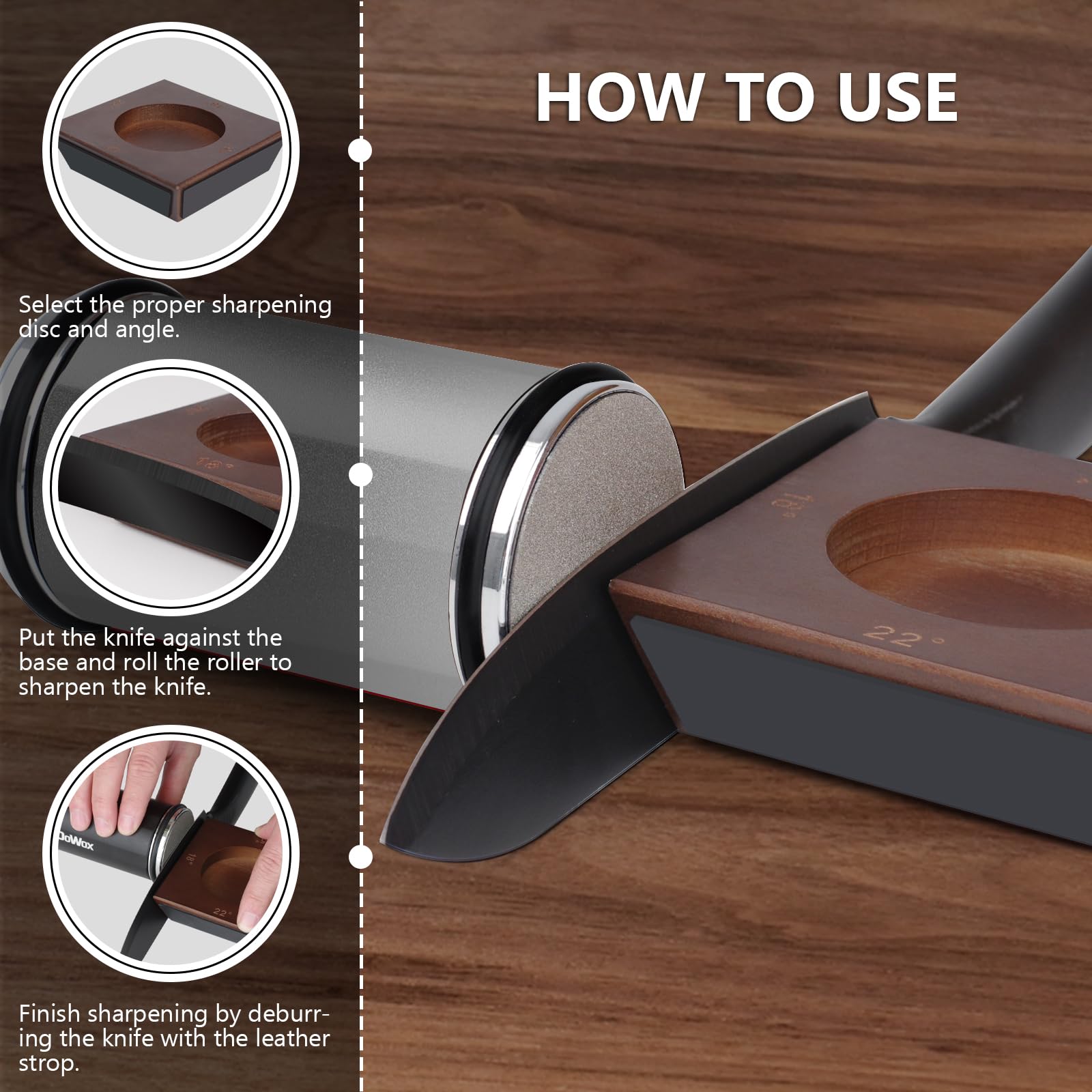 Premium Rolling Knife Sharpener with Leather Strop - 4° Angle & 4 Replaceable Honing Discs - Professional Kitchen Knife Sharpening Tool for Chefs & Home Cooks - Perfect for Maintaining Razor-Sharp Blades on Chef Knives, Hunting Knives & Kitchen Cutlery