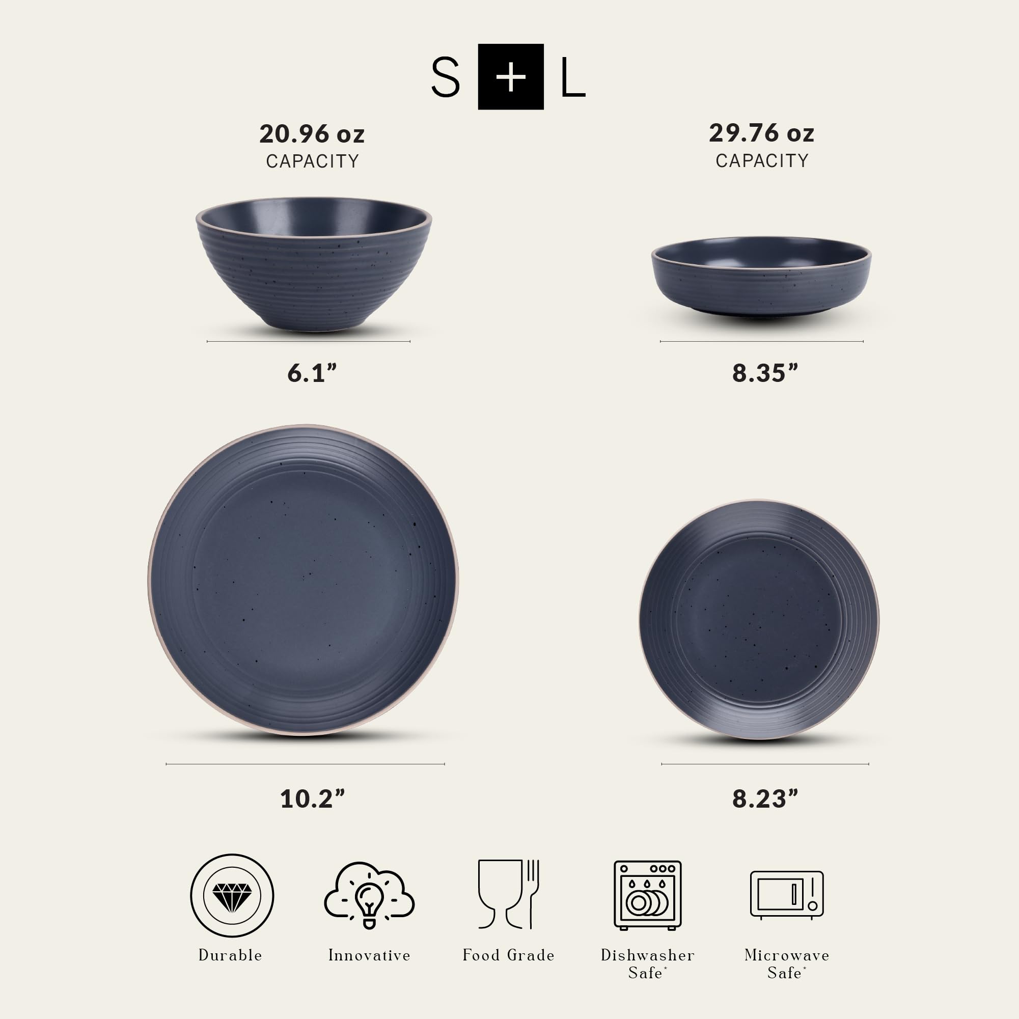 Lauren Modern Stoneware 32-Piece Round Dinnerware Set - Plates & Bowls for 8, Charcoal Gray - Elegant Dinnerware for Family Gatherings & Entertaining