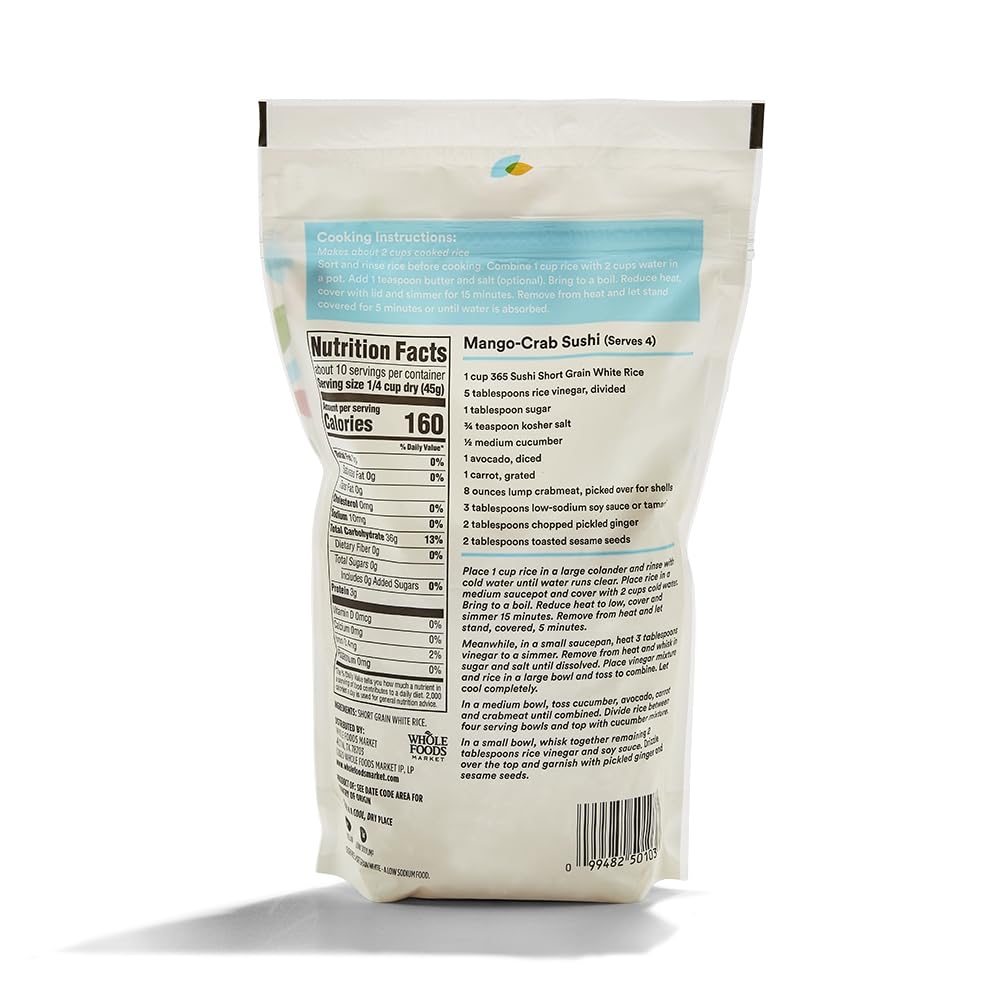 365 by Whole Foods Market Organic Short Grain White Sushi Rice - 16oz Pack | Perfect for Homemade Sushi Rolls, Poke Bowls & Asian Cuisine