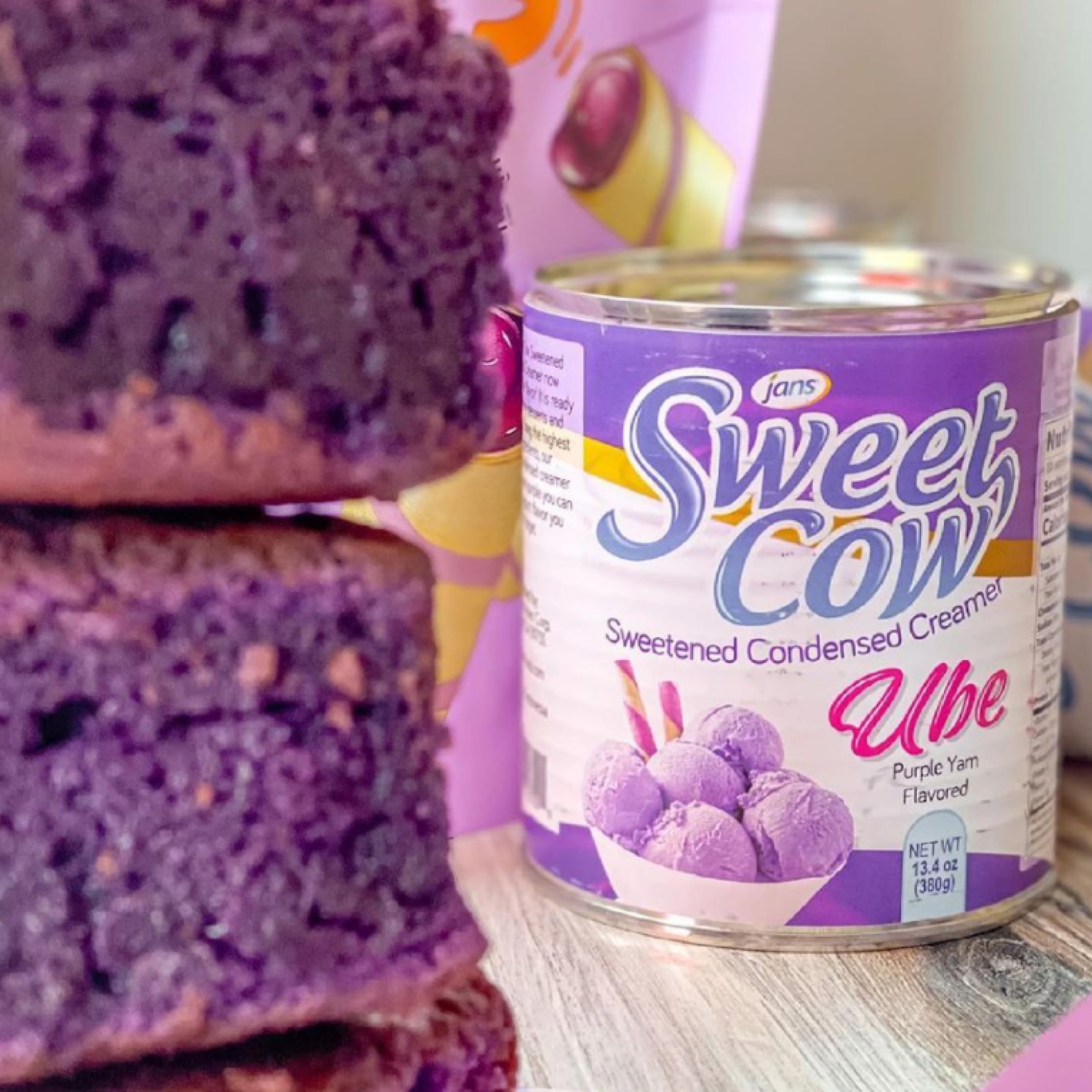 Jans Sweet Cow Ube Flavored Sweetened Condensed Creamer - 13.4oz (Pack of 2) - Purple Yam Milk for Baking, Cooking, Coffee & Desserts - Perfect for Ube Cake, Halo-Halo & Filipino Desserts