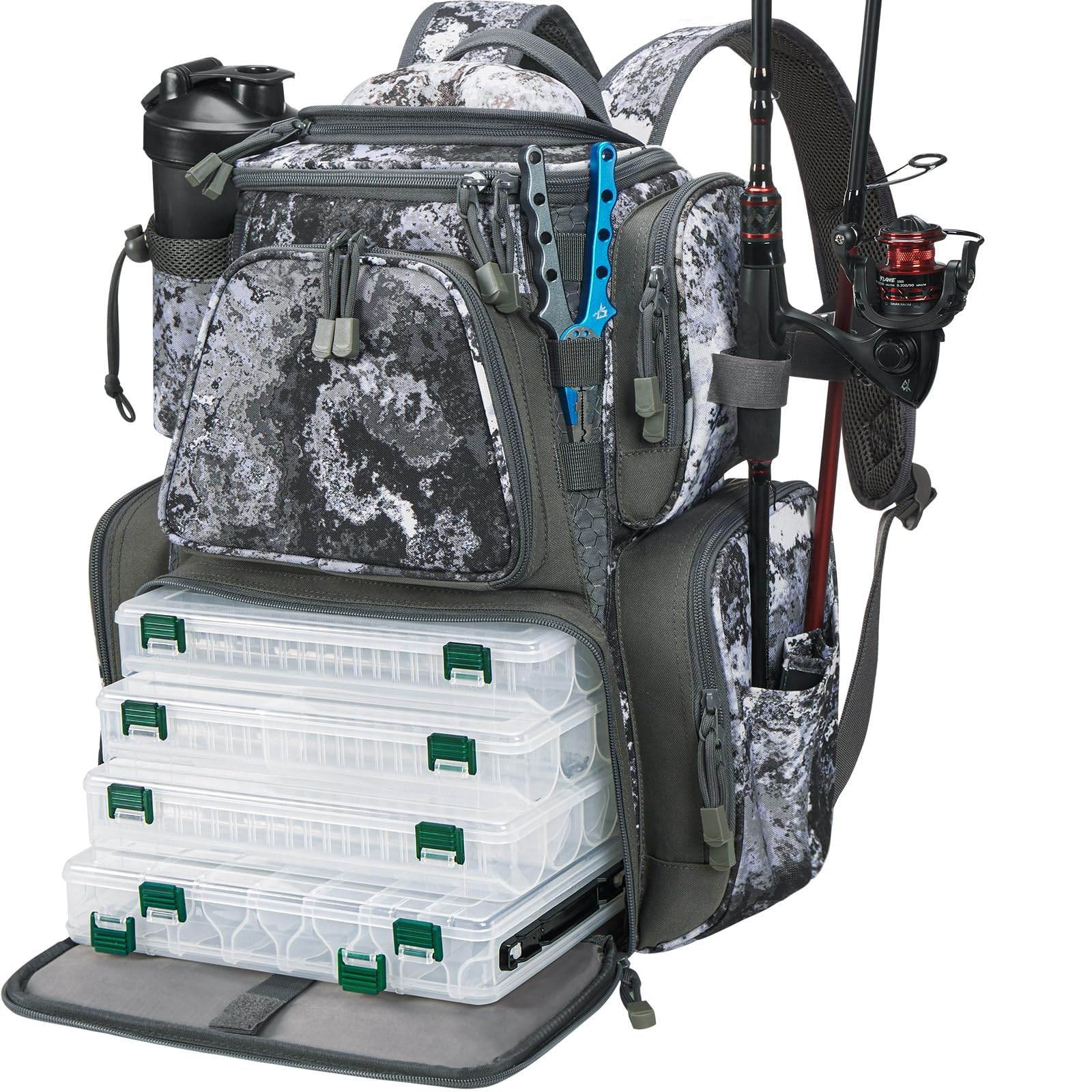 Piscifun Fishing Tackle Backpack with 4 Removable Trays - Large Waterproof Fishing Gear Storage Bag with Rain Cover - Perfect for Bass, Trout & Saltwater Fishing Trips