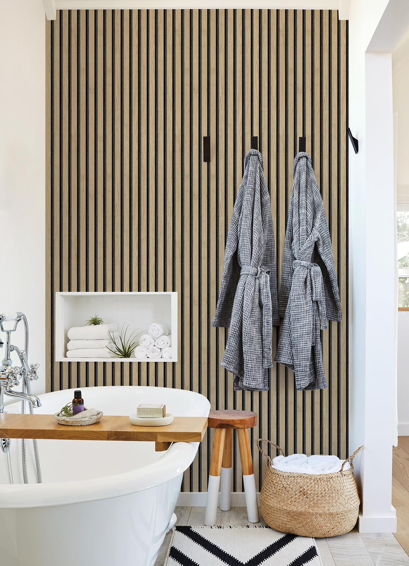 Self-Adhesive Oak Slat Wood Wallpaper - Peel and Stick Wooden Wall Panel for Bedroom, Living Room & Home Decor - Easy DIY Installation & Removable Backing