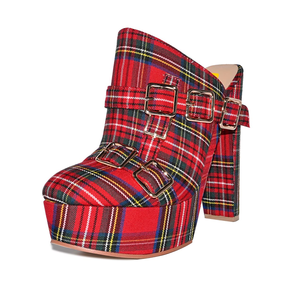 FSJ Women's Plaid Platform Mules - Chunky Block Heel Slip-On Sandals with Gold Buckle | Round Toe Backless Slides (US Size 4-15) | Perfect for Office, Party & Date Night Outfits