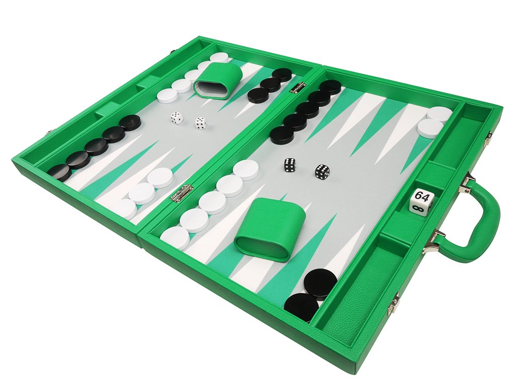 19-inch Premium Backgammon Set - Large Size Wooden Board Game with Green Felt, Grey Playing Field & White/Green Points - Perfect for Family Game Nights, Travel & Casino-Style Entertainment