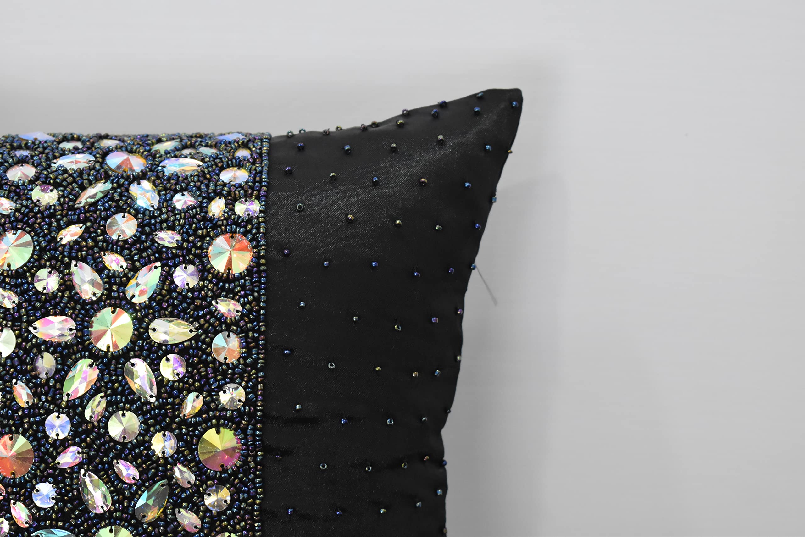 Luxury Black Rainbow Beaded Pillow Cover - Handmade Embroidered Decorative Throw Pillow Case - Modern Contemporary Embellished Design - Custom Personalized Home Decor (24x24 Inches) - Perfect for Sofa, Bed, Living Room & Nursery Decor