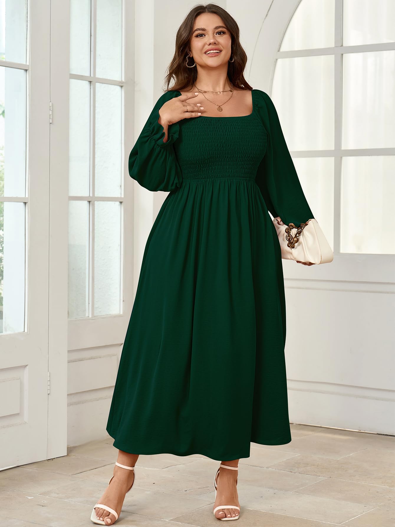 Plus Size Women's Maxi Dress - Long Sleeve Square Neck Smocked Flowy A-Line Boho Dress for Wedding, Party & Special Occasions | Elegant & Comfortable Formal Wear for Curvy Women