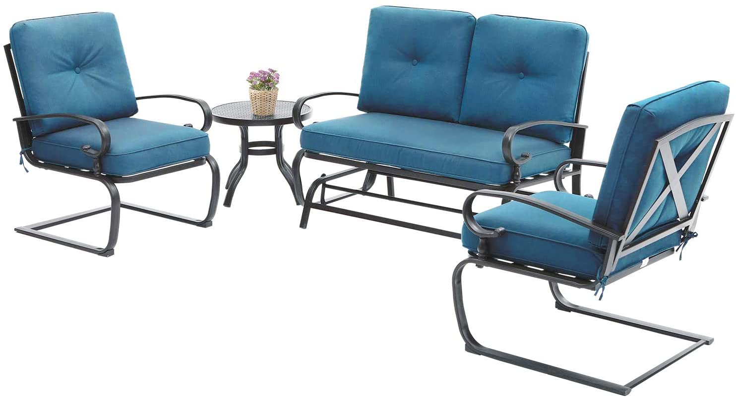 4-Piece Metal Outdoor Patio Furniture Set with Glider & Coffee Table - Wrought Iron Sectional Sofa with Removable Cushions (Blue) - Perfect for Garden, Backyard, Poolside & Outdoor Relaxation