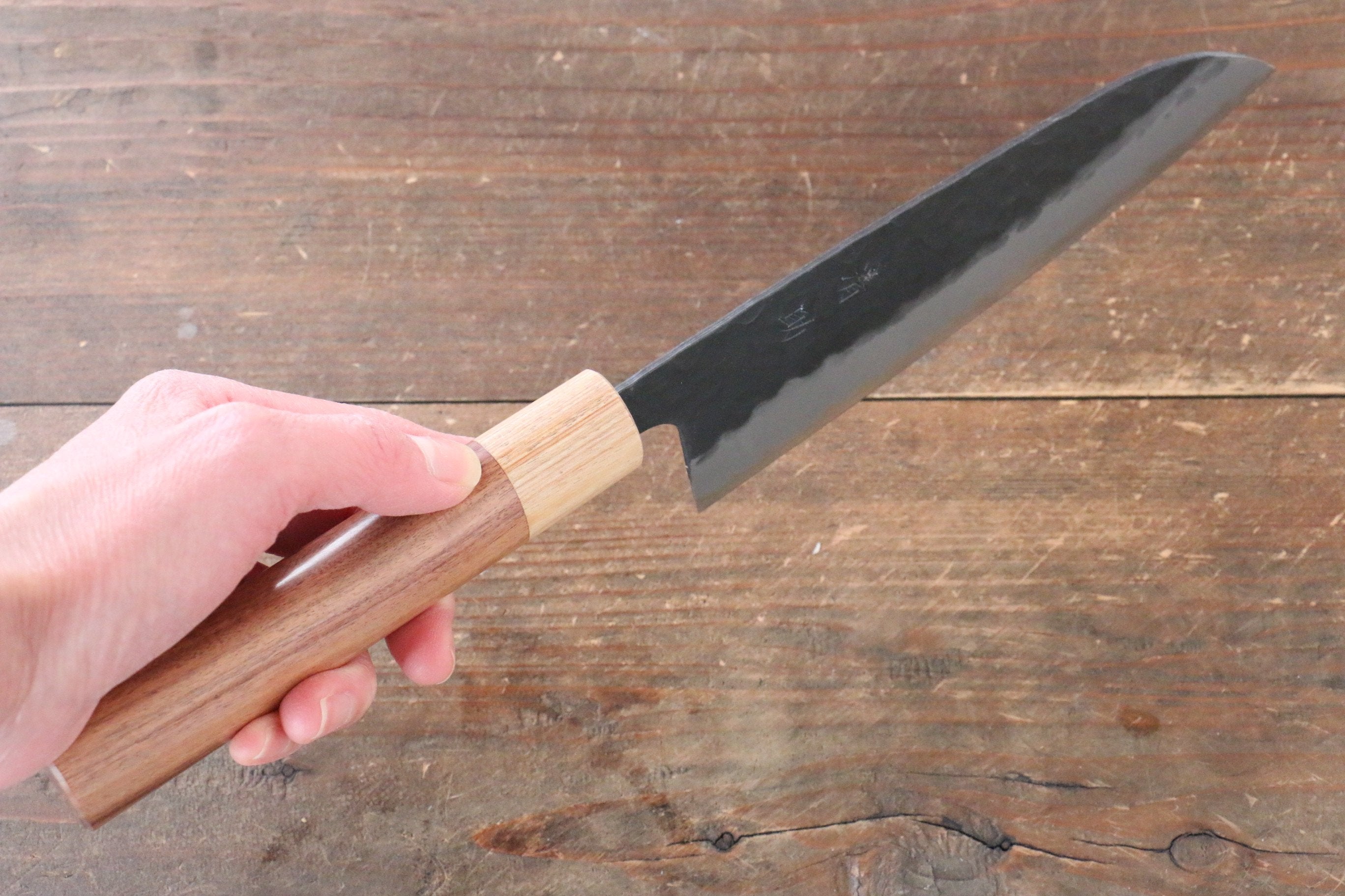 Seisuke Kokubyaku Blue Super Hammered Santoku Knife 165mm with Morado Wood Handle - Perfect for Slicing, Dicing, and Chopping Vegetables in Professional Kitchens & Home Cooking