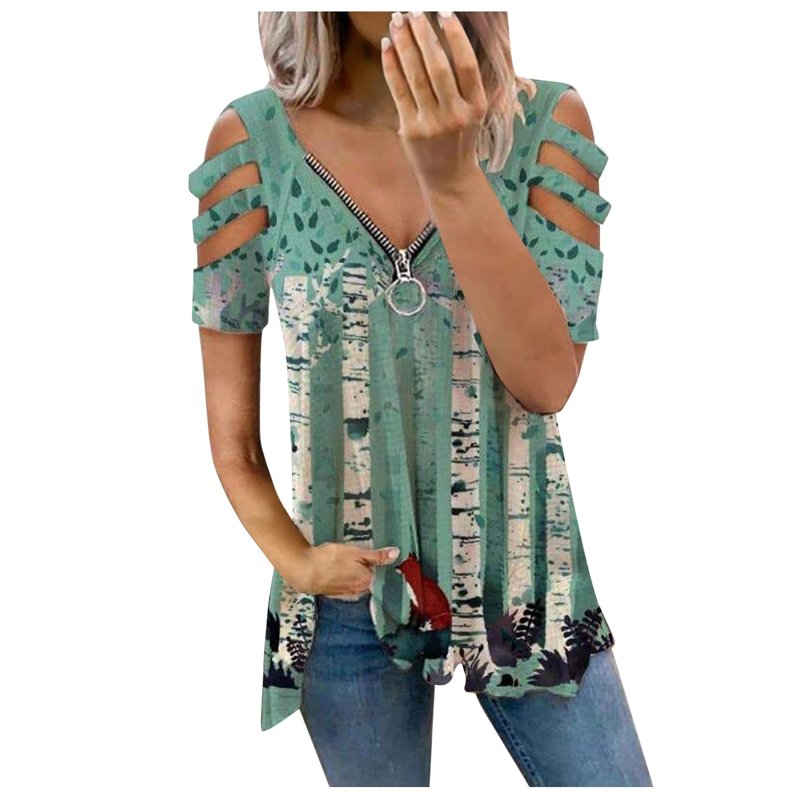 Women's Cold Shoulder Waffle Knit Tunic Top - Short Sleeve Semi-Zip V-Neck Blouse for Casual Wear, Office & Date Night Outfits