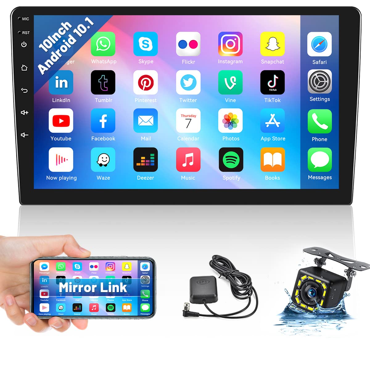 Hikity 10.1 Inch Android Car Stereo with GPS Navigation - Double Din Touch Screen Car Radio, Bluetooth, WiFi, FM, Mirror Link for iOS/Android - Includes Backup Camera & Dual USB Cable - Perfect for Road Trips, Commuting & Hands-Free Driving