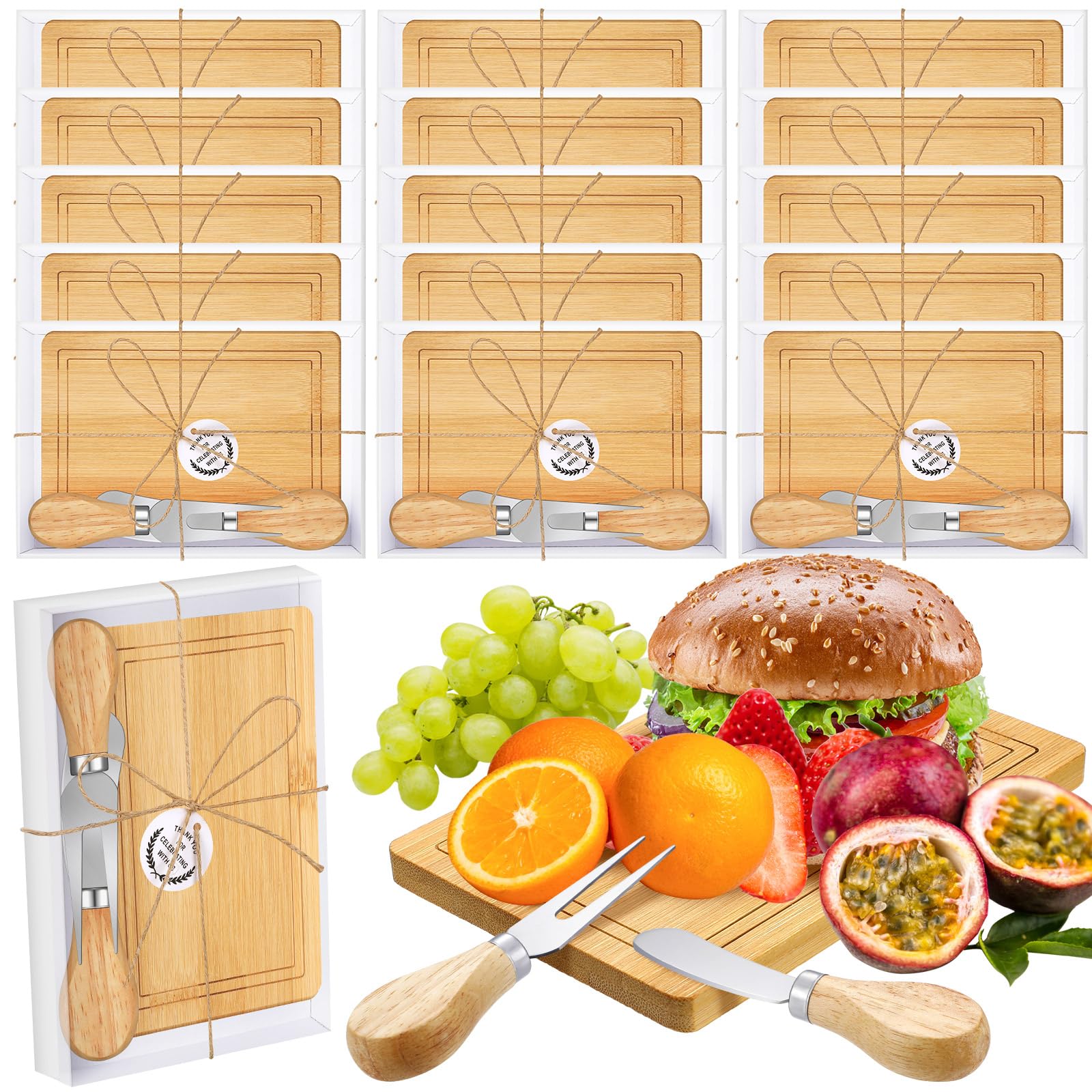 Domensi 15-Piece Bamboo Cheese Board Set with Mini Cutting Boards, Charcuterie Knives & Forks - Wedding, Baby Shower, Birthday Party Guest Gifts (Rectangular) - Perfect for Bridal Showers, Cheese Platters & Charcuterie Displays