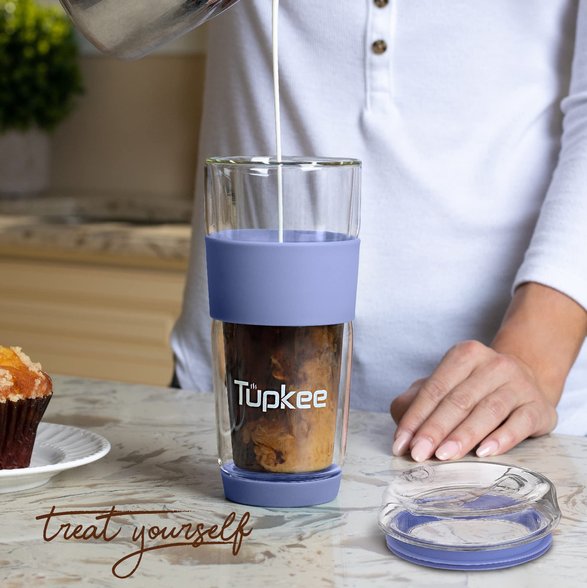 **Tupkee 14-Oz Double Wall Insulated Glass Tumbler - Reusable Coffee & Tea Travel Mug with Lid, Hand-Blown Glass, Jacaranda Color - 2 Pack - Perfect for Hot/Cold Drinks On-The-Go**