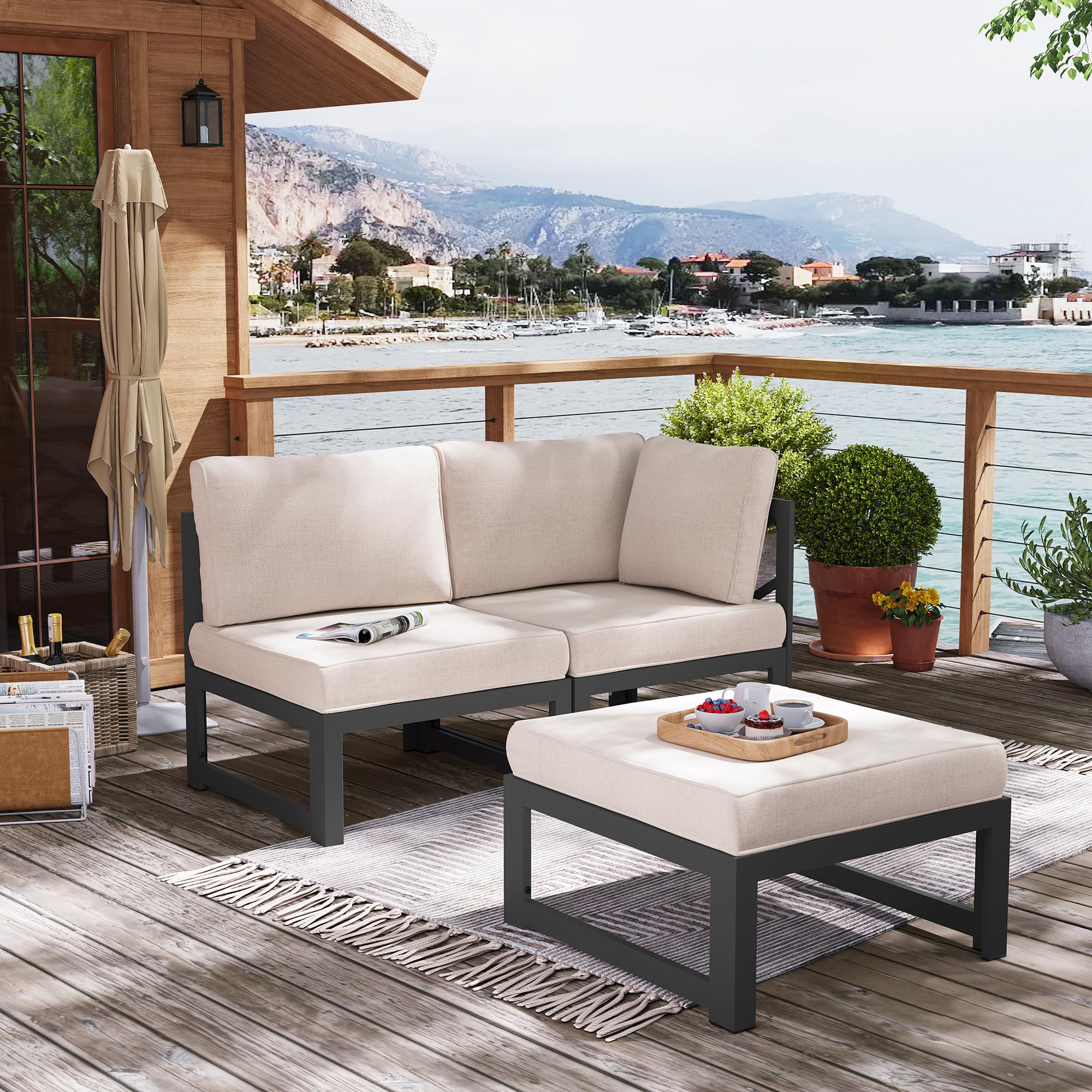 Pellebant 3-Piece Aluminum Patio Loveseat Set with Coffee Table & Removable Cushions - Modern Outdoor Furniture for Garden, Lawn, Backyard or Poolside Relaxation (Beige)