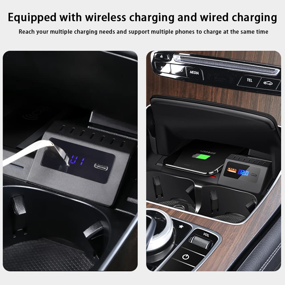 2022-2015 Mercedes-Benz C/GLC/AMG Series Wireless Car Charger - 15W Qi-Certified Fast Charging Panel with QC3.0 Port for iPhone & Android (C180/C200/C260/C300/GLC200/GLC300) - Perfect for Road Trips & Daily Commute