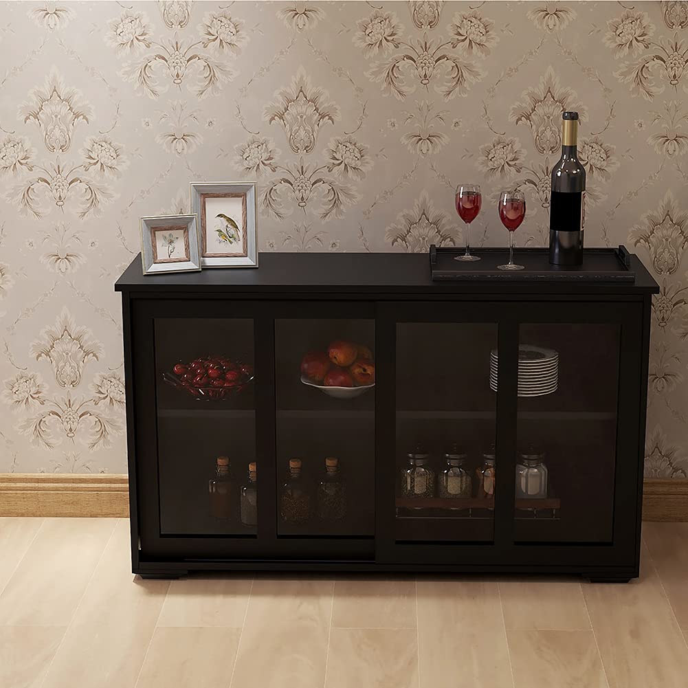 Antique Black Kitchen Buffet Cabinet with Sliding Glass Doors - Multi-Functional Sideboard Storage for Dining Room & Kitchen | Perfect for Entertaining, Displaying China, and Organizing Tableware