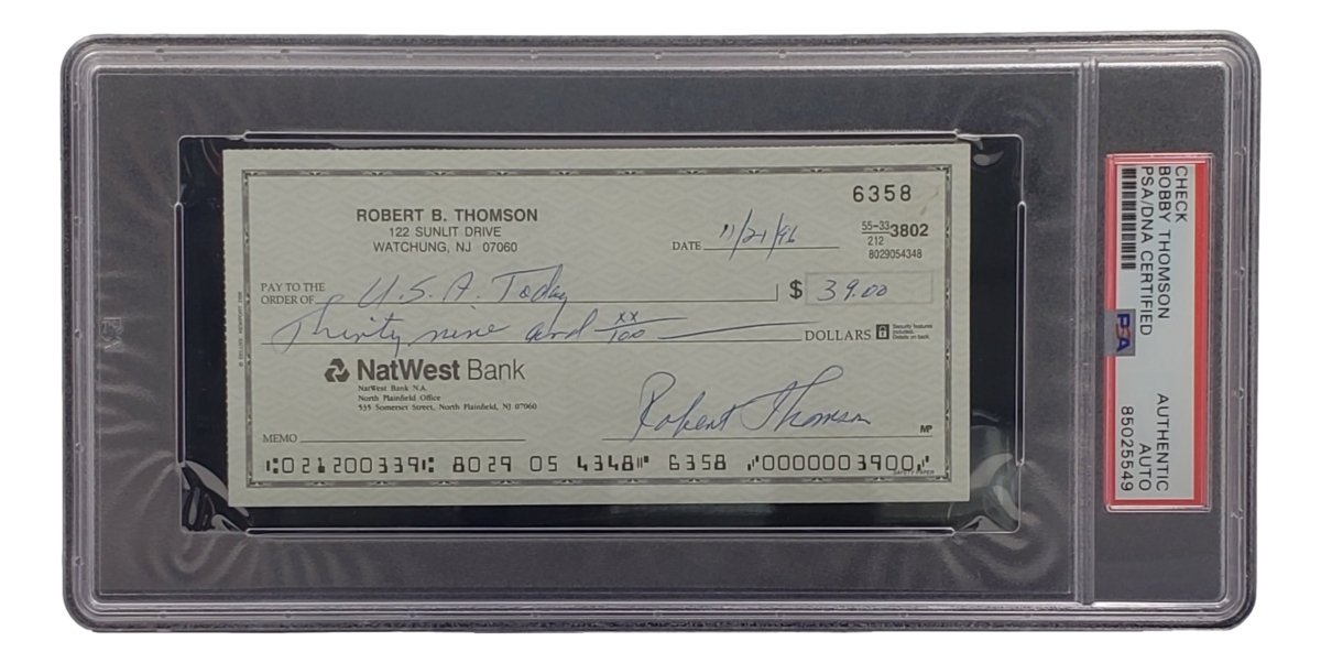 Bobby Thomson New York Giants Autographed Bank Check PSA/DNA Certified 85025549 - Perfect for Sports Memorabilia Collectors and Baseball Fans