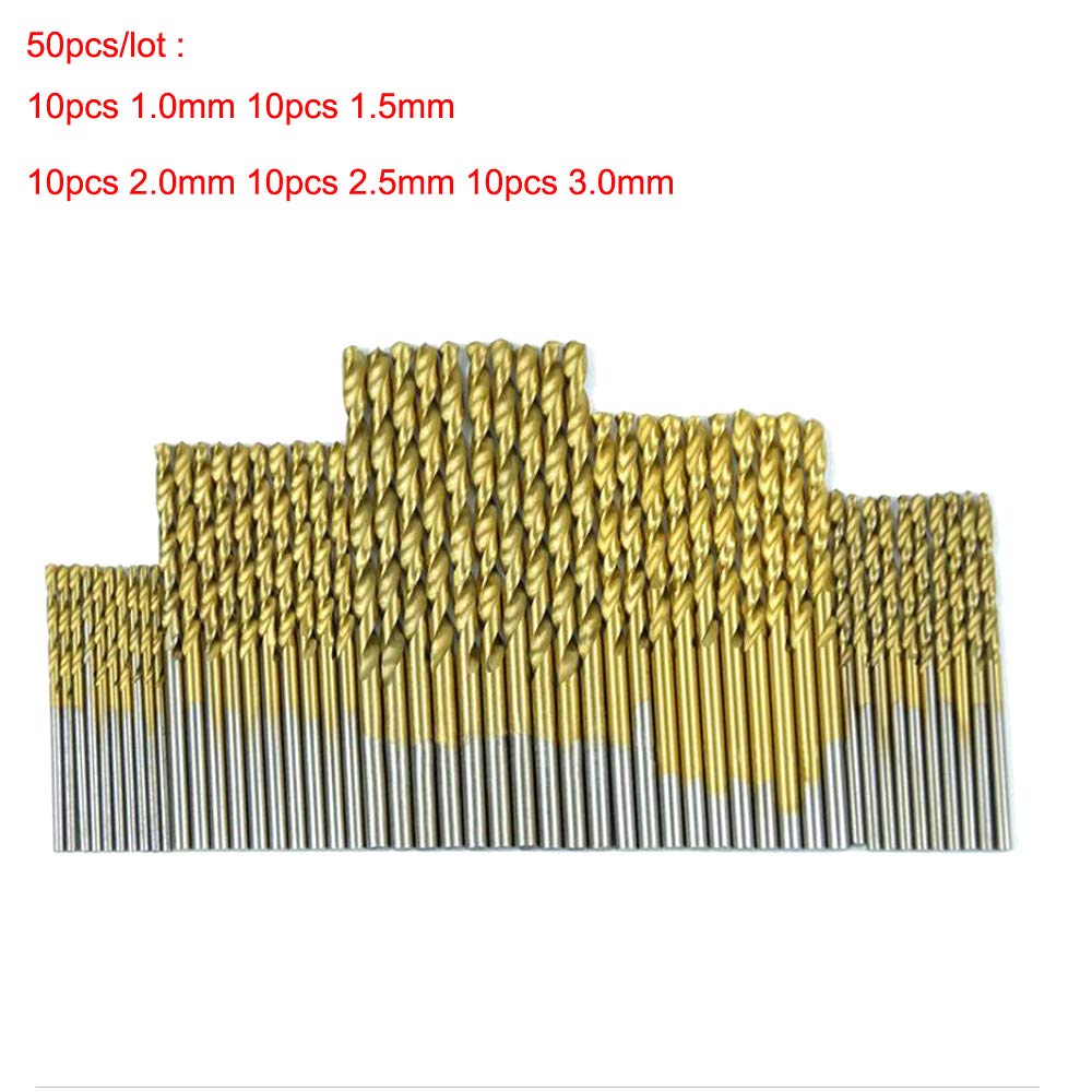 50pcs Titanium Coated HSS Drill Bit Set - High Speed Steel Woodworking Tools (1/1.5/2/2.5/3mm) for DIY Projects, Metal & Wood Drilling