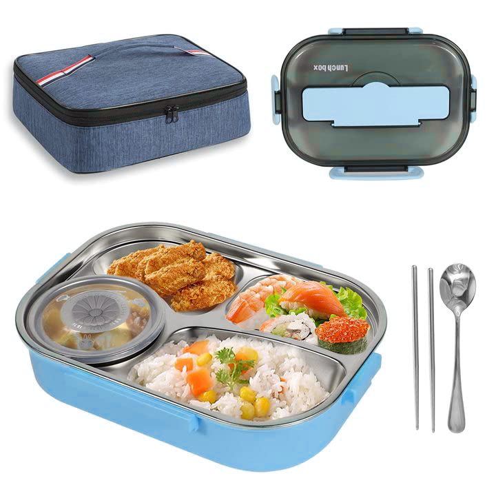 KOXHOX Insulated Stainless Steel Bento Lunch Box Set with Thermal Bag - Leak-Proof Eco-Friendly Food Container for School, Office & Picnics (Blue)