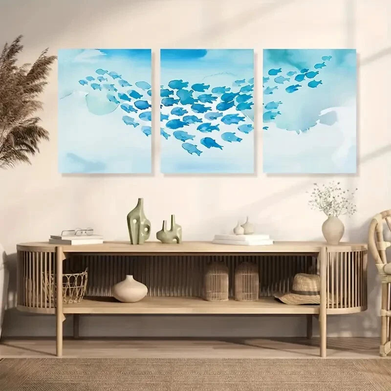 3-Piece Blue Minnows School Swimming Abstract Metal Wall Art - Ready to Hang Fish Decor for Living Room, Office & Coastal Home Decor