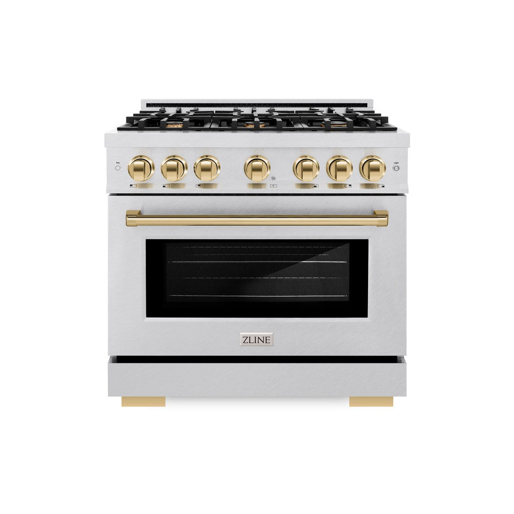 ZLINE Autograph Edition 36 Inch 5.2 Cu Ft Gas Range with 6 Burner Cooktop & Convection Oven - Satin Stainless Steel with Gold Accents (HGRSZ 36 G) - Professional Kitchen Appliance for Home Chefs & Cooking Enthusiasts