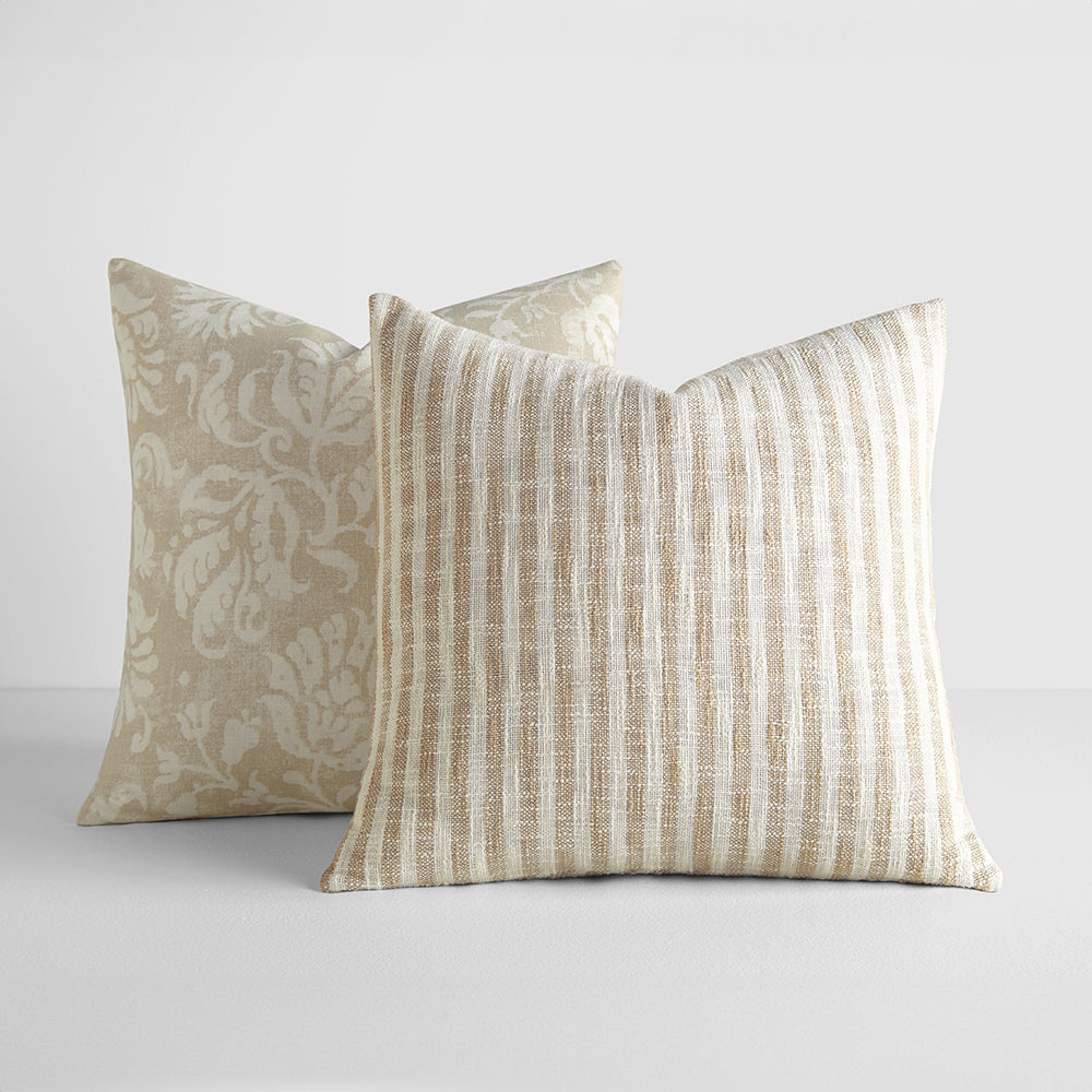 2 Pack Yarn Dyed Bengal Stripe & Distressed Floral Decorative Throw Pillows - Soft Cotton Cushion Covers for Sofa, Bed, Living Room & Home Decor