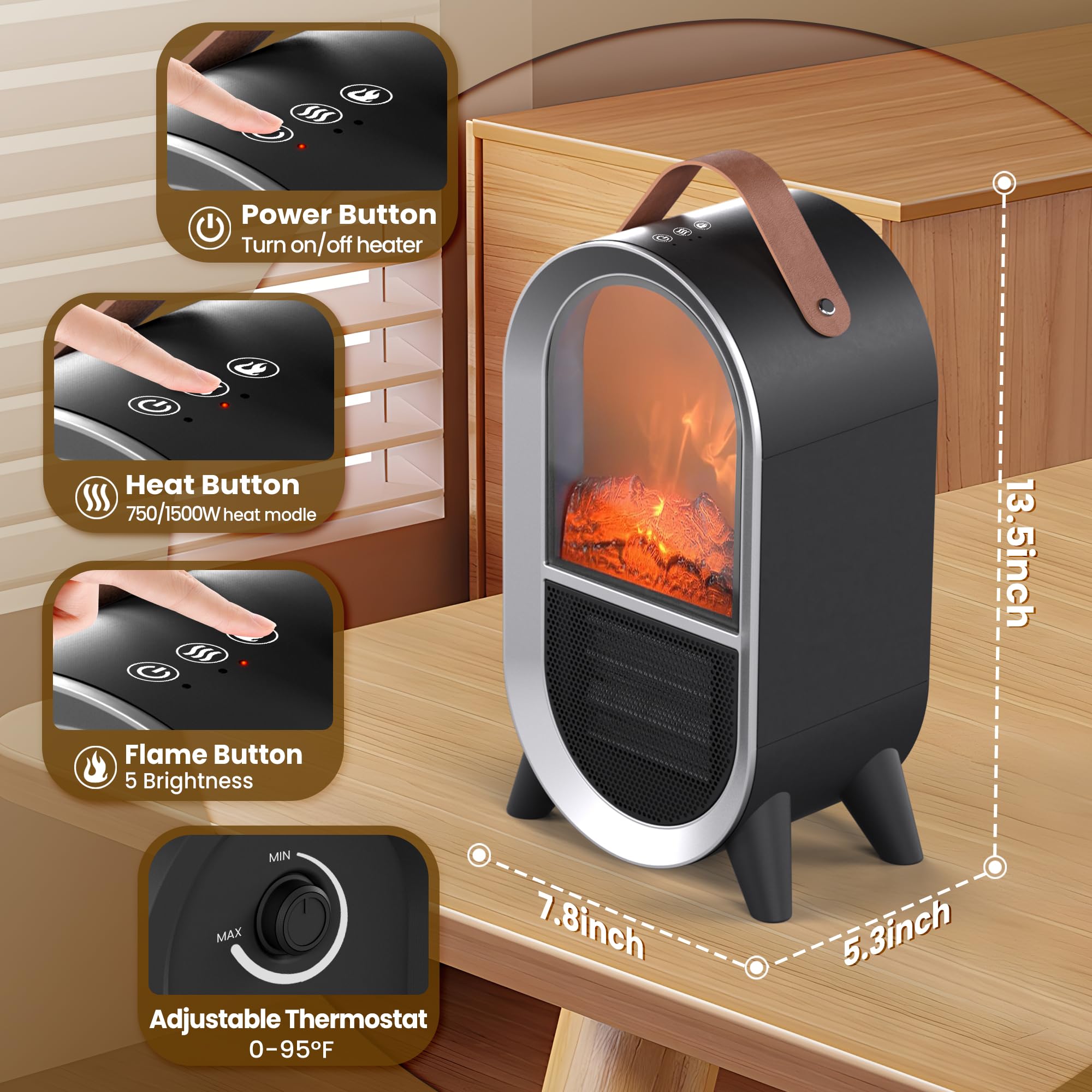 1500W/750W Portable Electric Space Heater with 3D Flame - Ceramic Indoor Heater with Thermostat, Overheat & Tip-Over Protection - Perfect for Home, Office, Bedroom, or Desk Use - Black