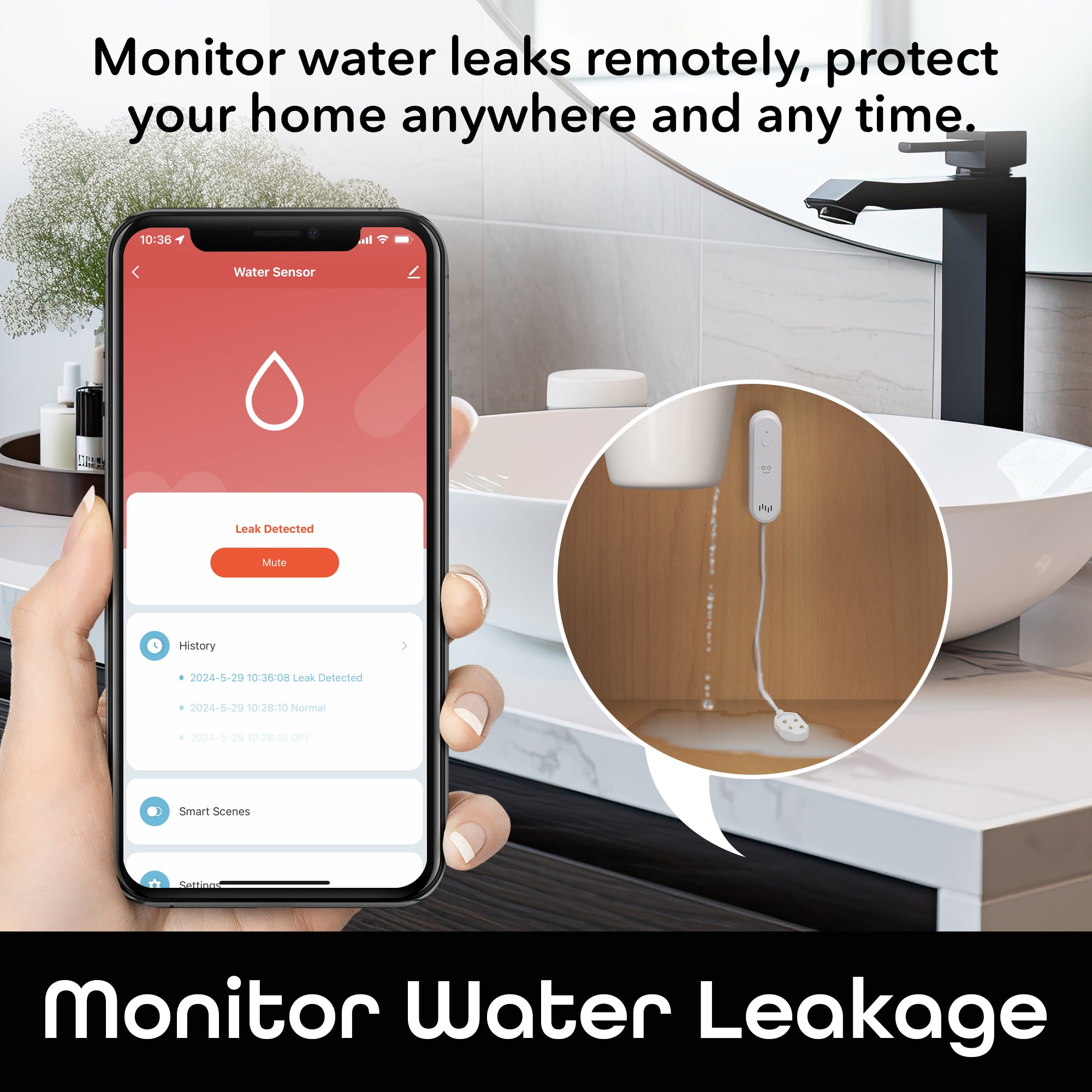 Geeni Smart Water Leak Detector with Alarm - Wireless Home Security Sensor for Basement, Bathroom & Kitchen | Real-Time Alerts & App Notifications