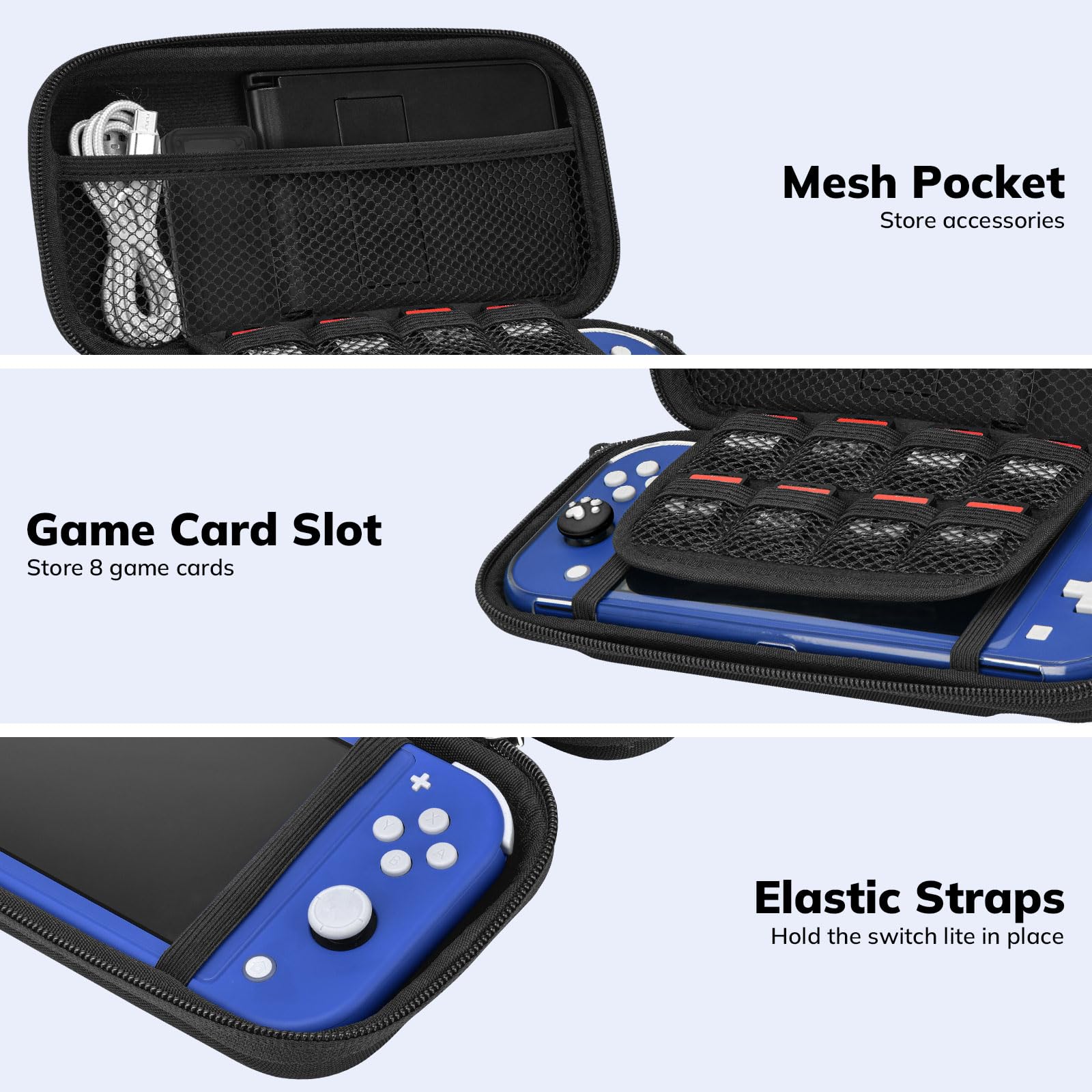 Younik Switch Lite Case - 14-in-1 Accessories Kit with Protective Cover, Game Card Holder, Screen Protectors & Thumb Grips | Portable Carrying Case for Nintendo Switch Lite | Perfect for Travel, Gaming On-The-Go & Storage (Black)